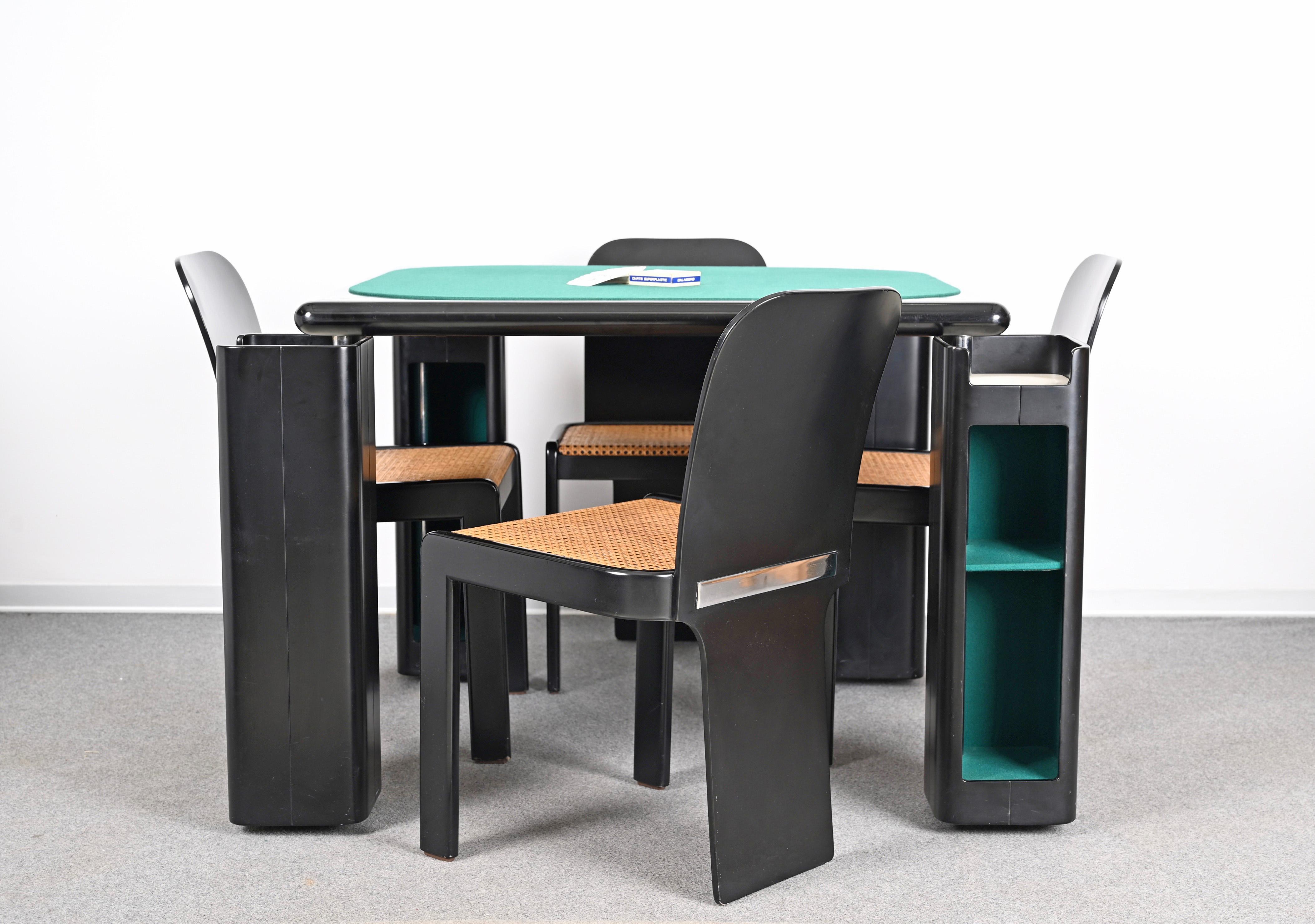 Molinari Black Lacquered Wood Game Table and Chairs for Pozzi Milano Italy 1970s 6