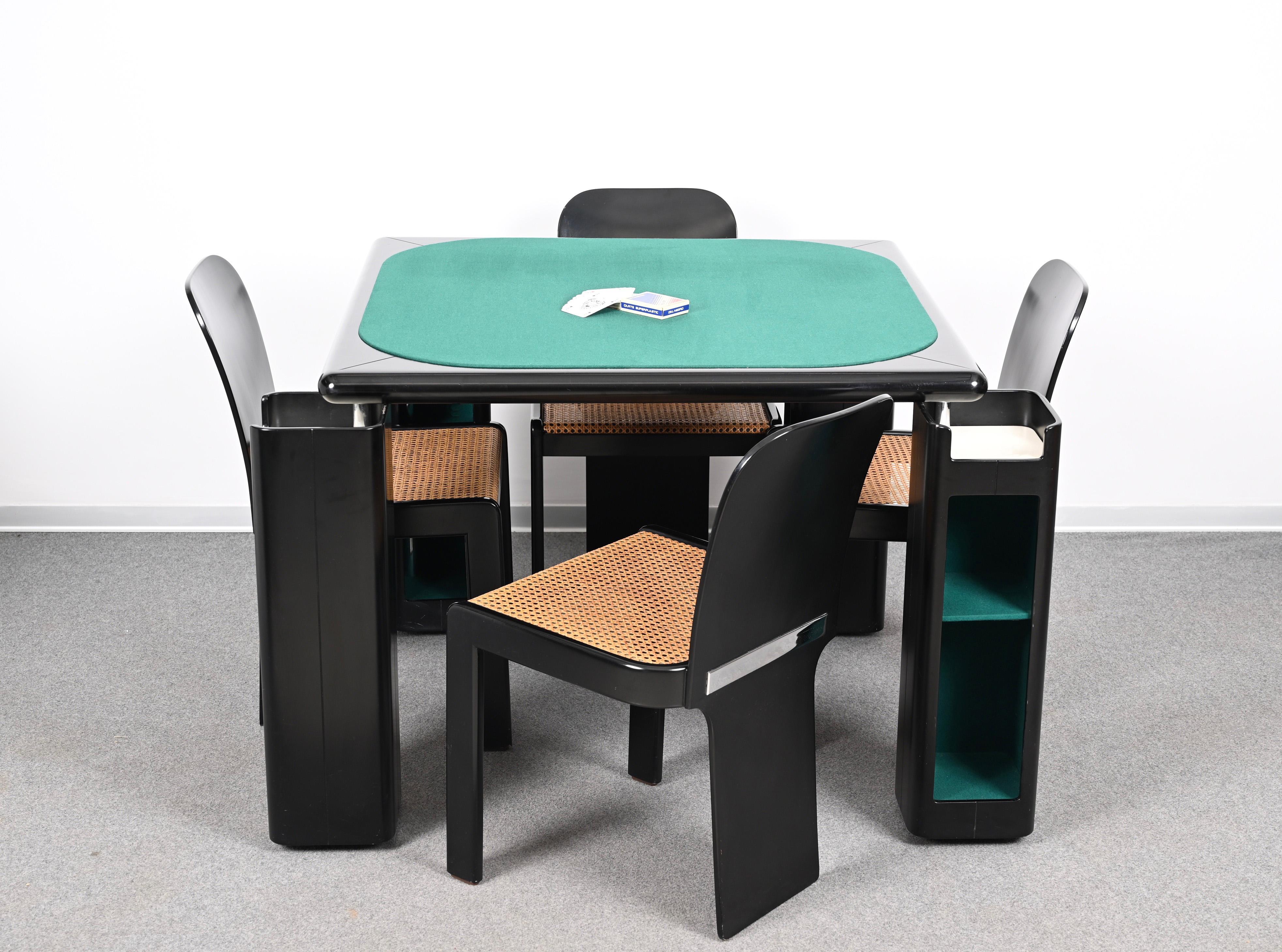 Molinari Black Lacquered Wood Game Table and Chairs for Pozzi Milano Italy 1970s 7