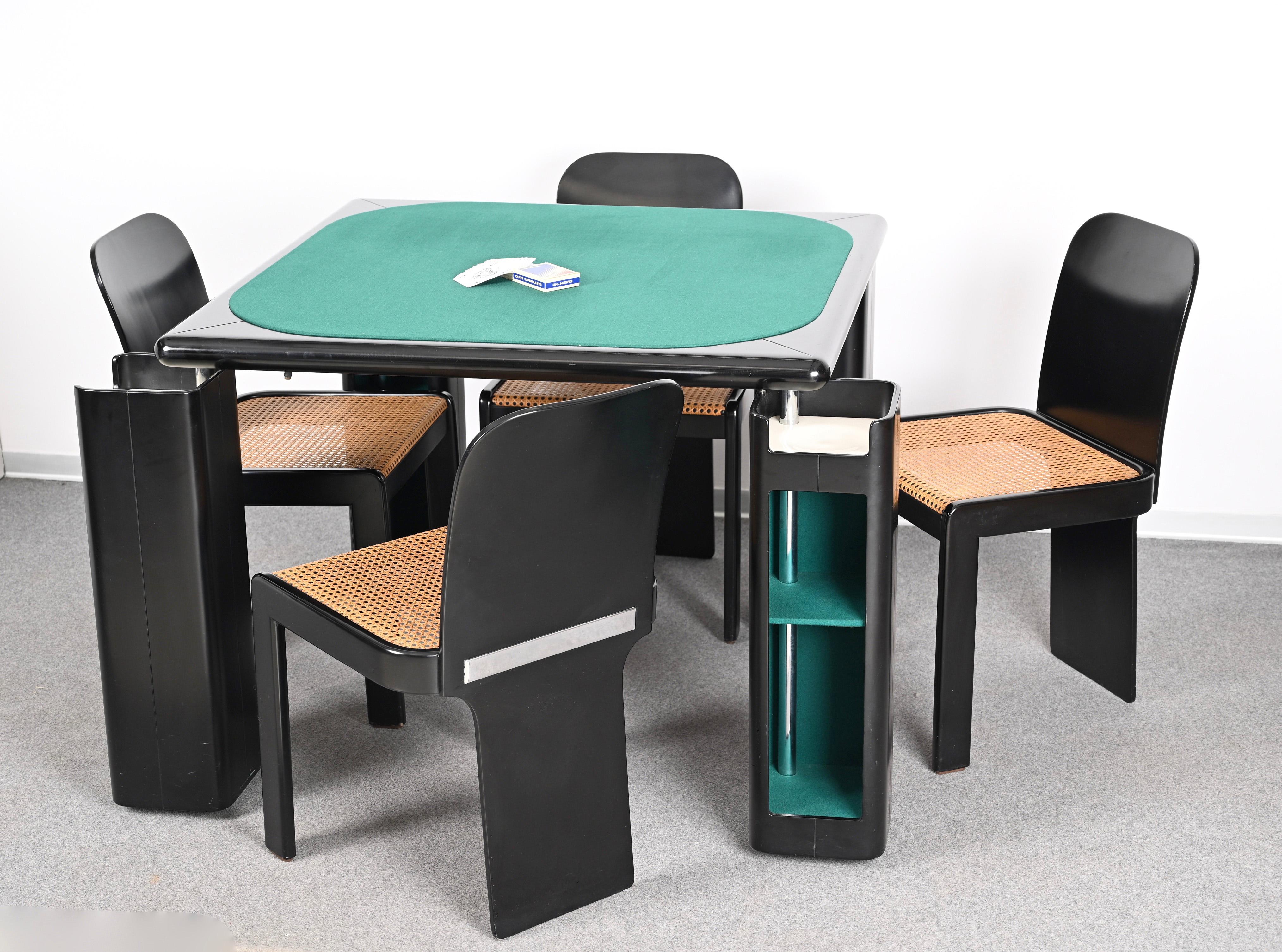 Molinari Black Lacquered Wood Game Table and Chairs for Pozzi Milano Italy 1970s 9