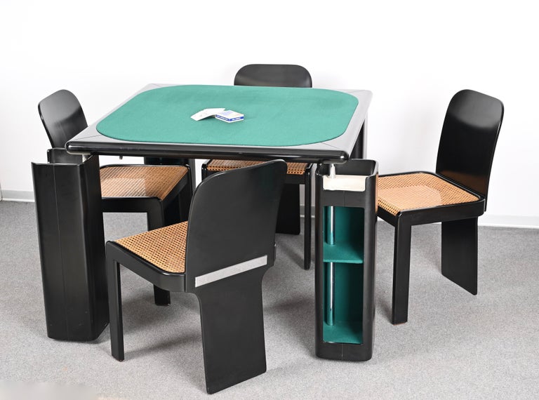 Molinari Black Lacquered Wood Game Table and Chairs for Pozzi Milano Italy 1970s For Sale 10