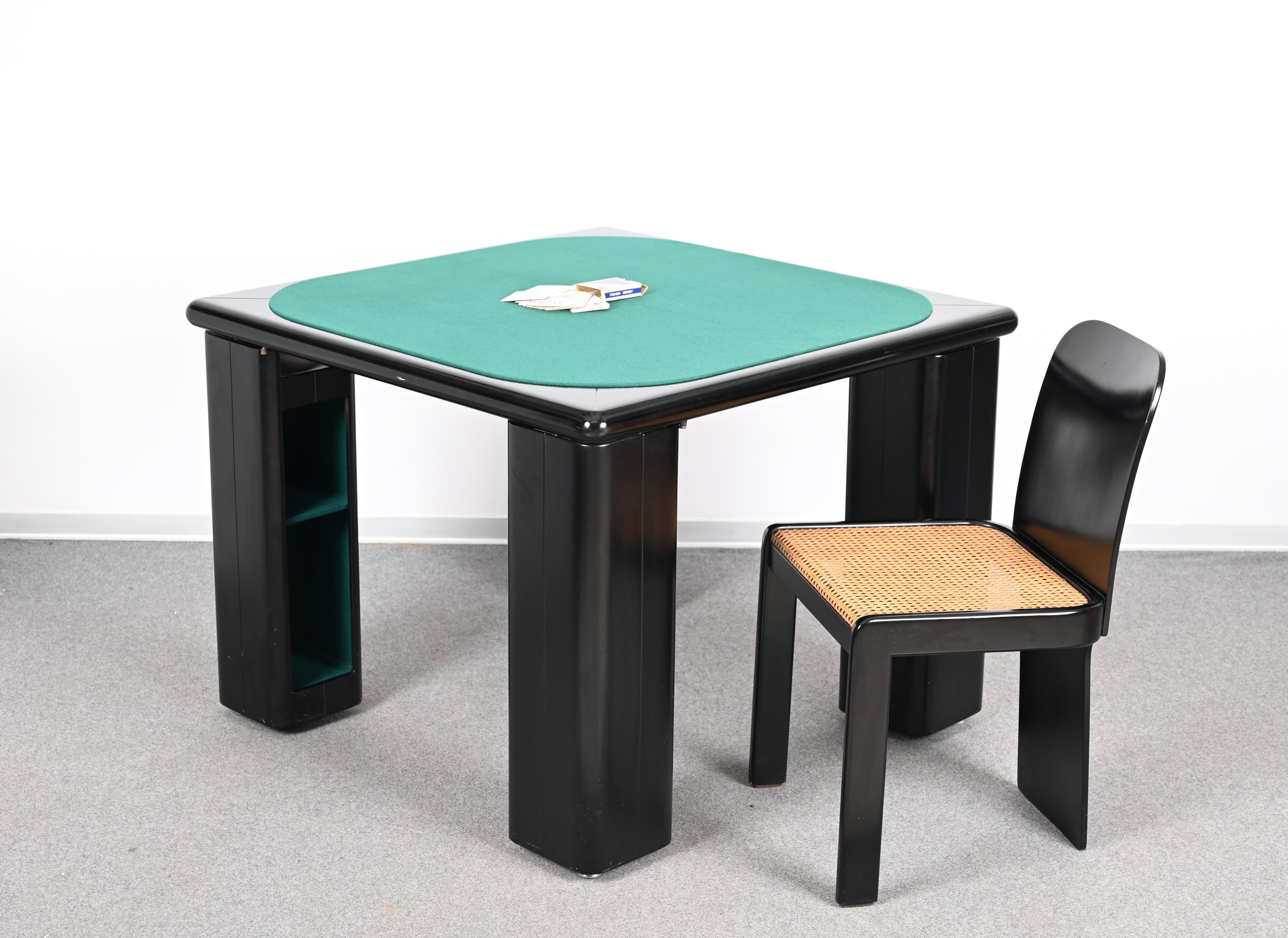 Molinari Black Lacquered Wood Game Table and Chairs for Pozzi Milano Italy 1970s 11