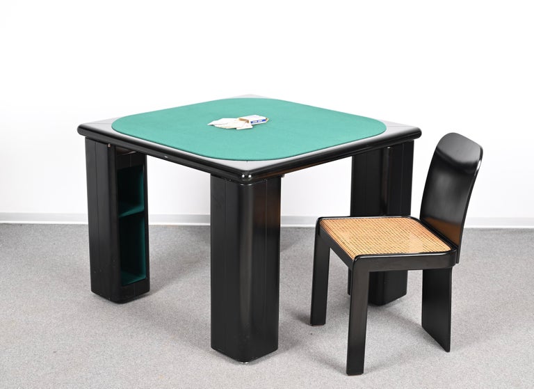 Molinari Black Lacquered Wood Game Table and Chairs for Pozzi Milano Italy 1970s For Sale 12
