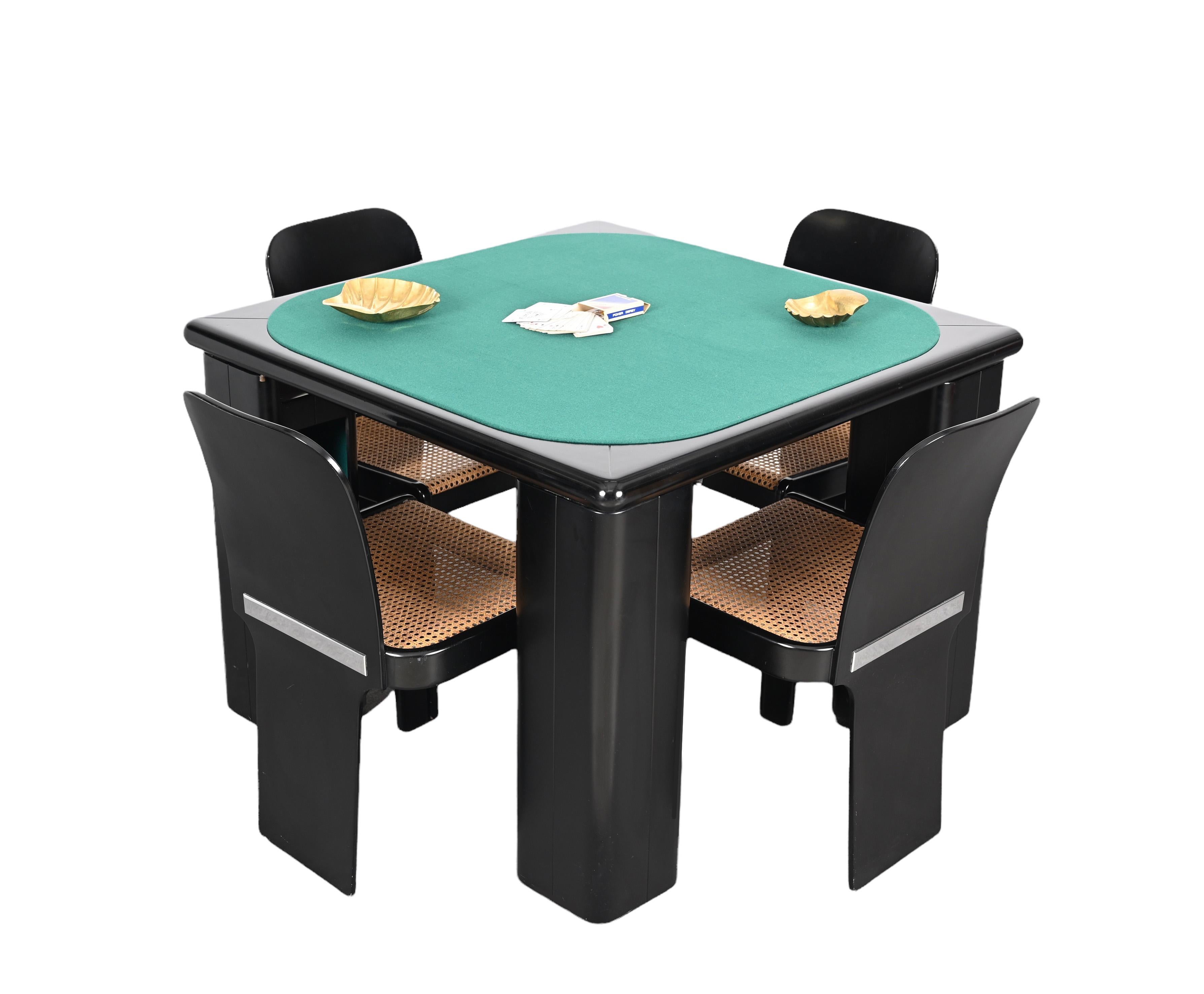 Molinari Black Lacquered Wood Game Table and Chairs for Pozzi Milano Italy 1970s 12