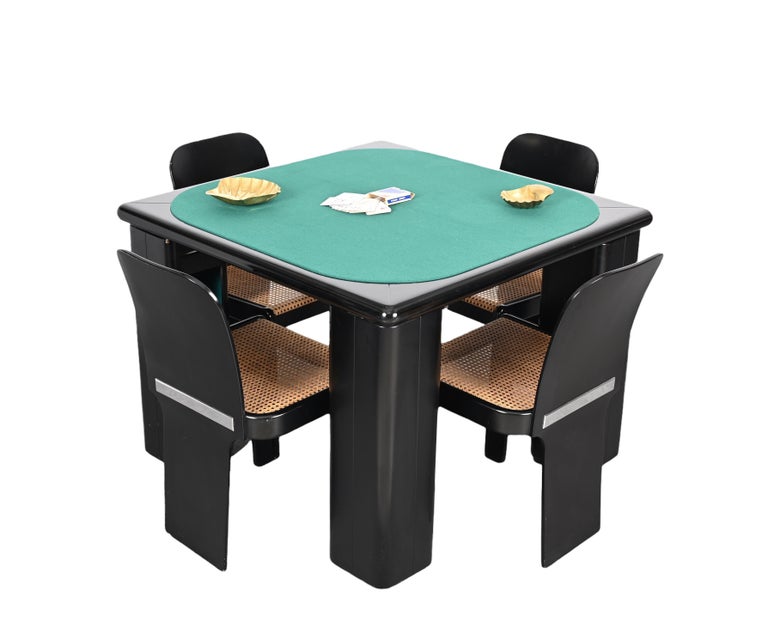 Molinari Black Lacquered Wood Game Table and Chairs for Pozzi Milano Italy 1970s For Sale 13