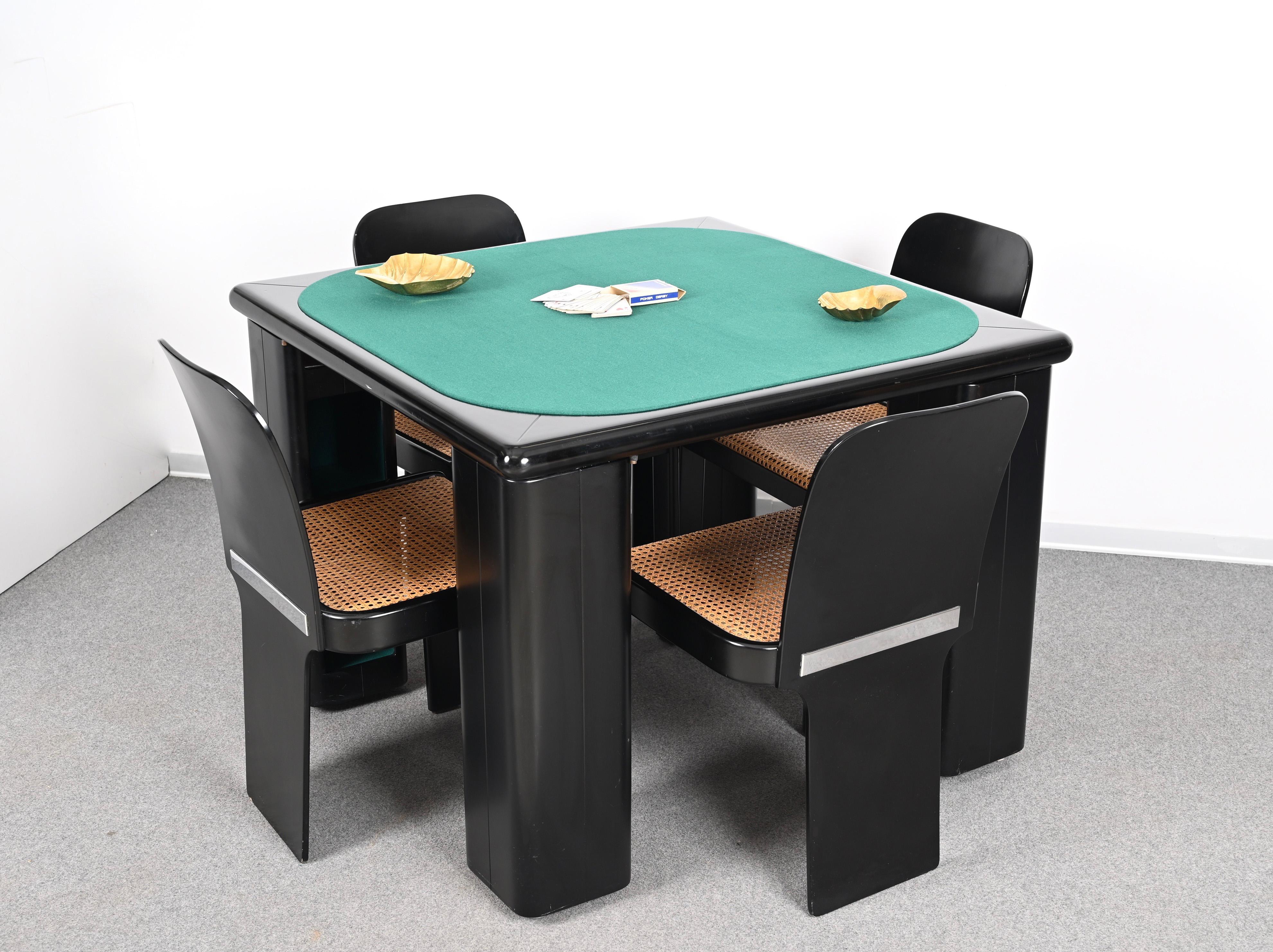 Molinari Black Lacquered Wood Game Table and Chairs for Pozzi Milano Italy 1970s 13