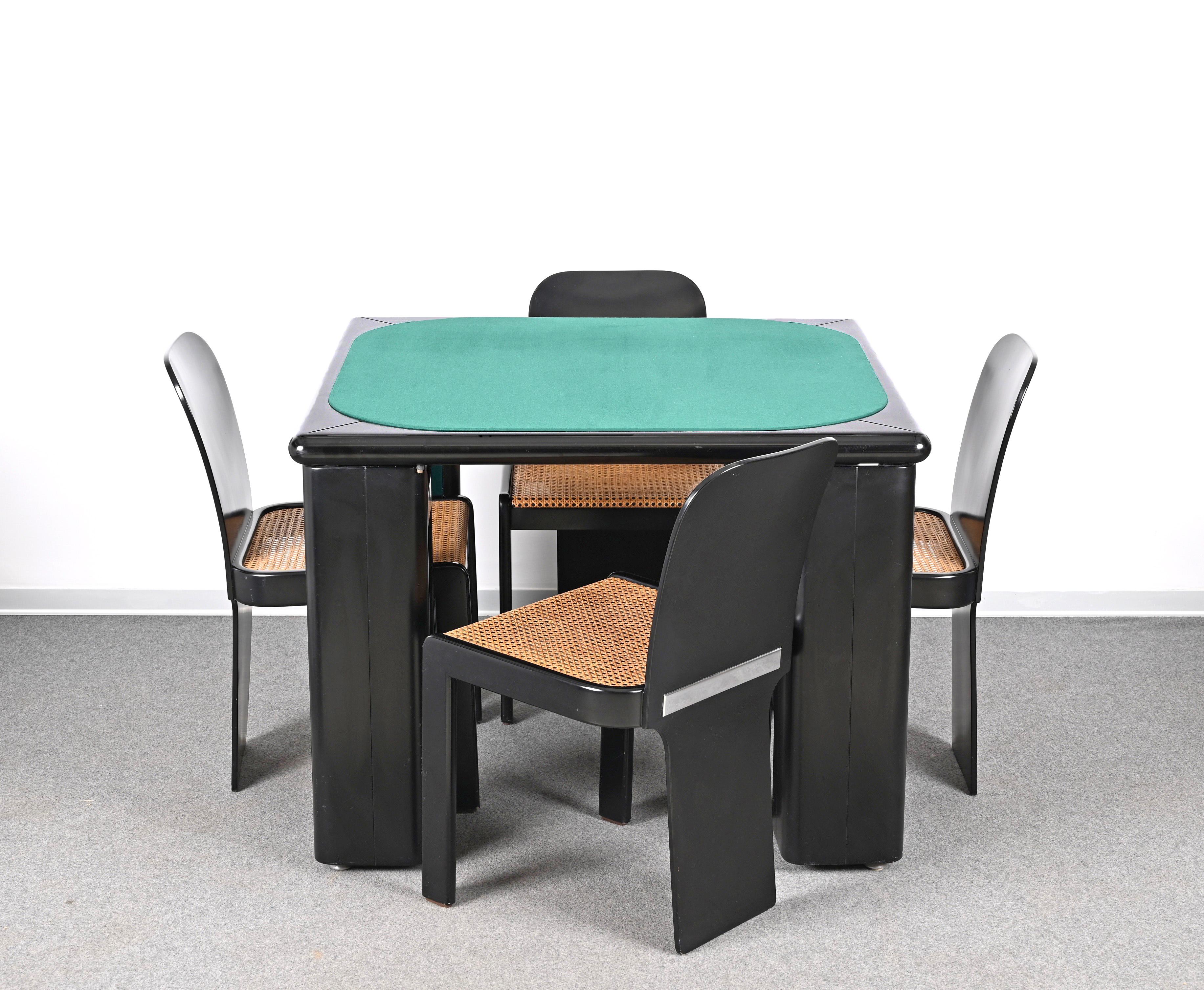 Mid-Century Modern Molinari Black Lacquered Wood Game Table and Chairs for Pozzi Milano Italy 1970s