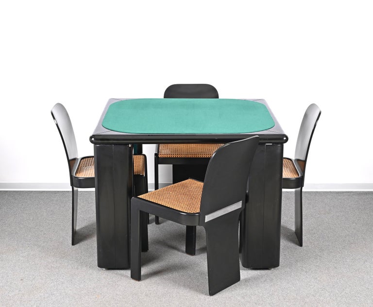 Mid-Century Modern Molinari Black Lacquered Wood Game Table and Chairs for Pozzi Milano Italy 1970s For Sale