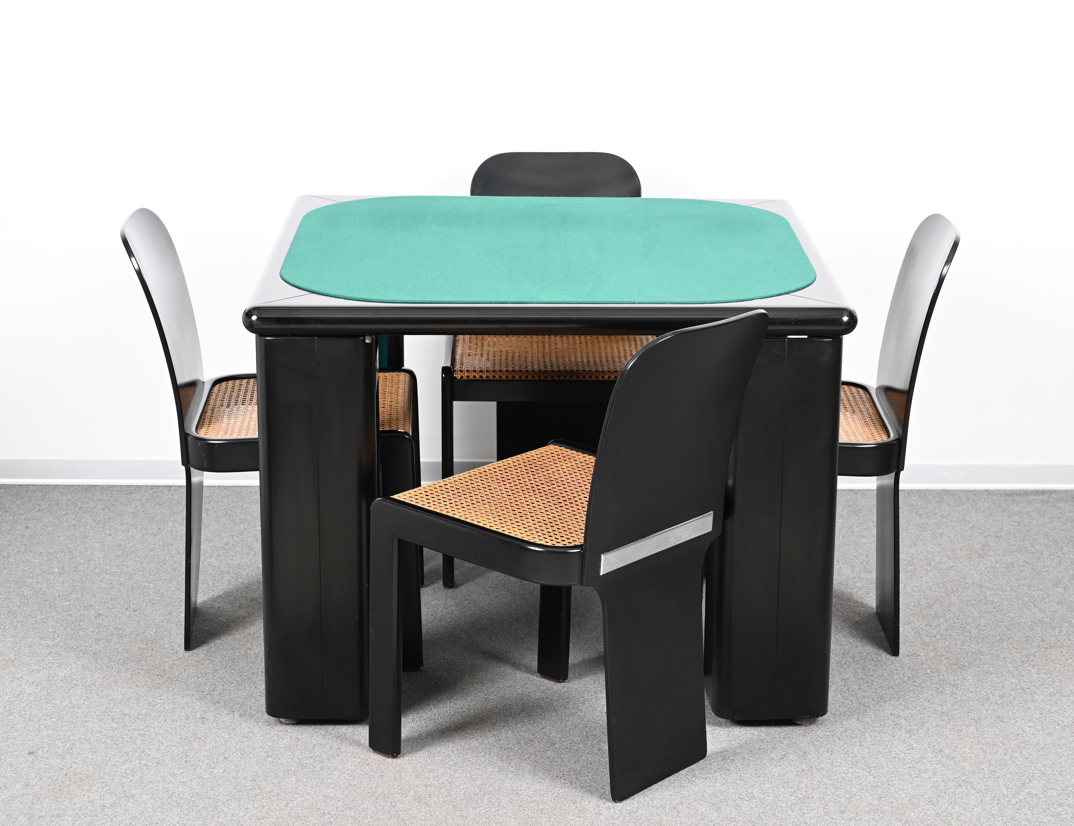 Italian Molinari Black Lacquered Wood Game Table and Chairs for Pozzi Milano Italy 1970s