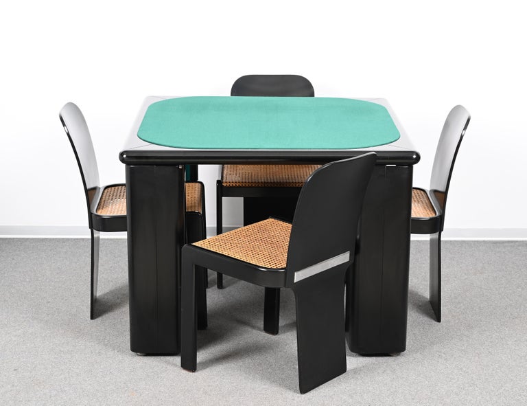 Italian Molinari Black Lacquered Wood Game Table and Chairs for Pozzi Milano Italy 1970s For Sale