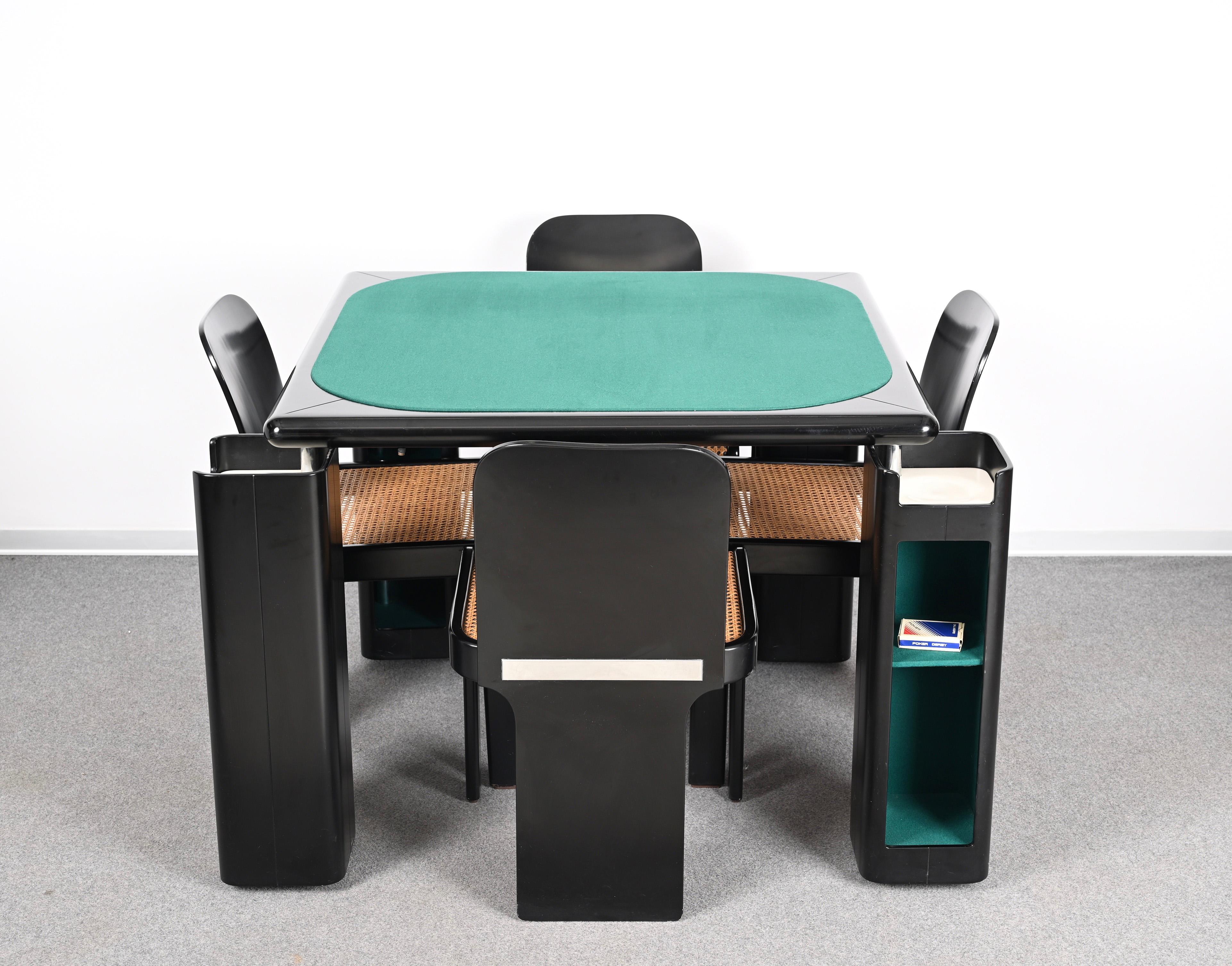 Molinari Black Lacquered Wood Game Table and Chairs for Pozzi Milano Italy 1970s In Good Condition In Roma, IT
