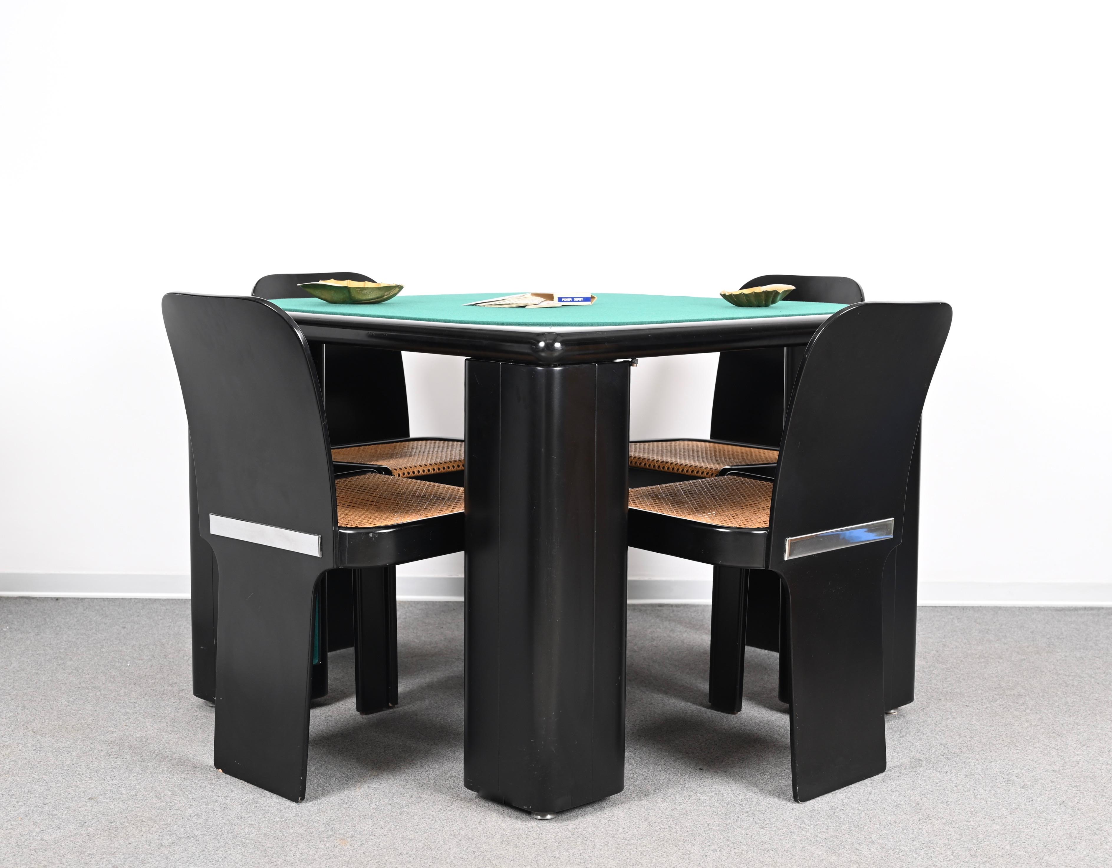 20th Century Molinari Black Lacquered Wood Game Table and Chairs for Pozzi Milano Italy 1970s