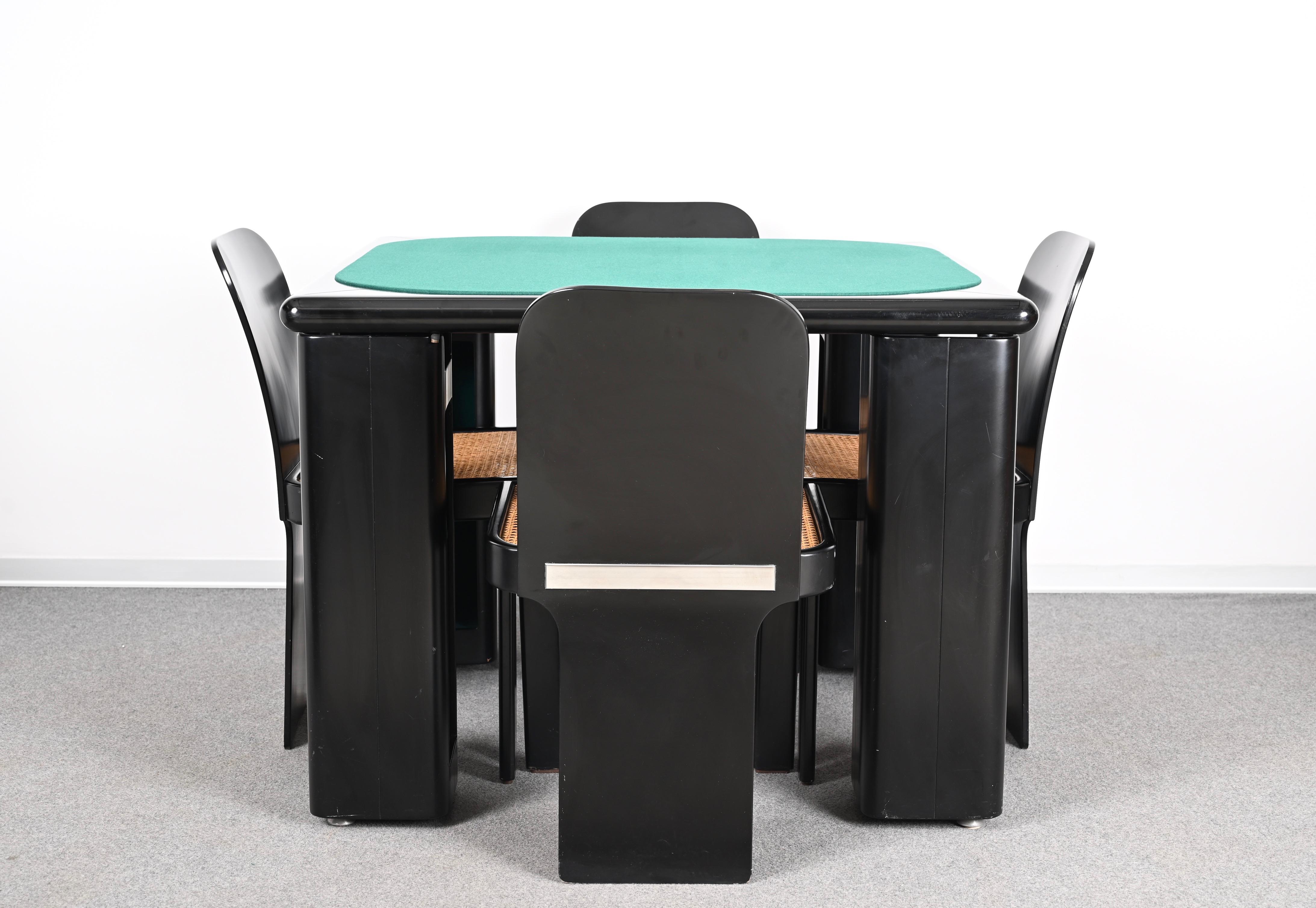 Steel Molinari Black Lacquered Wood Game Table and Chairs for Pozzi Milano Italy 1970s