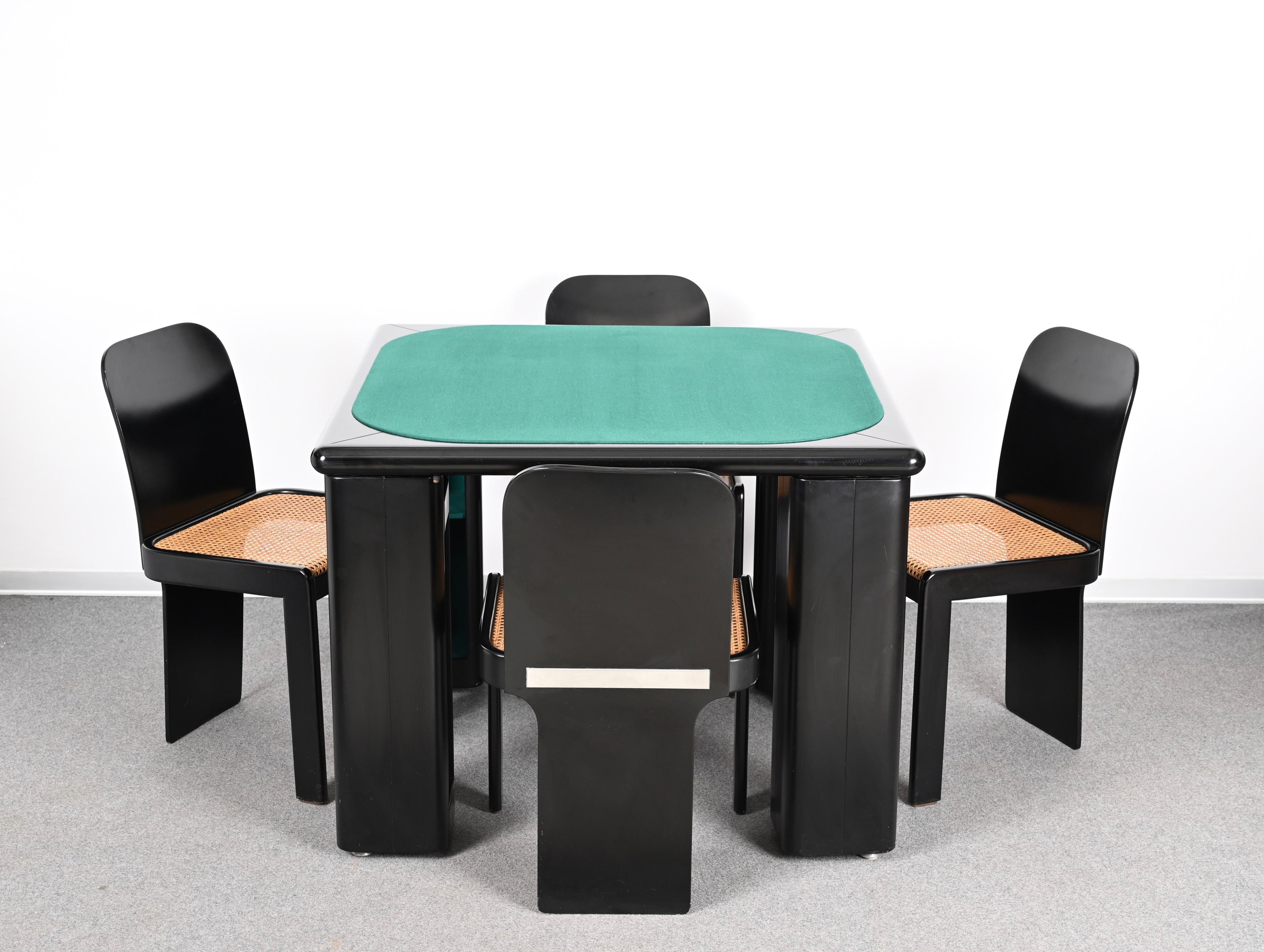 Molinari Black Lacquered Wood Game Table and Chairs for Pozzi Milano Italy 1970s 1