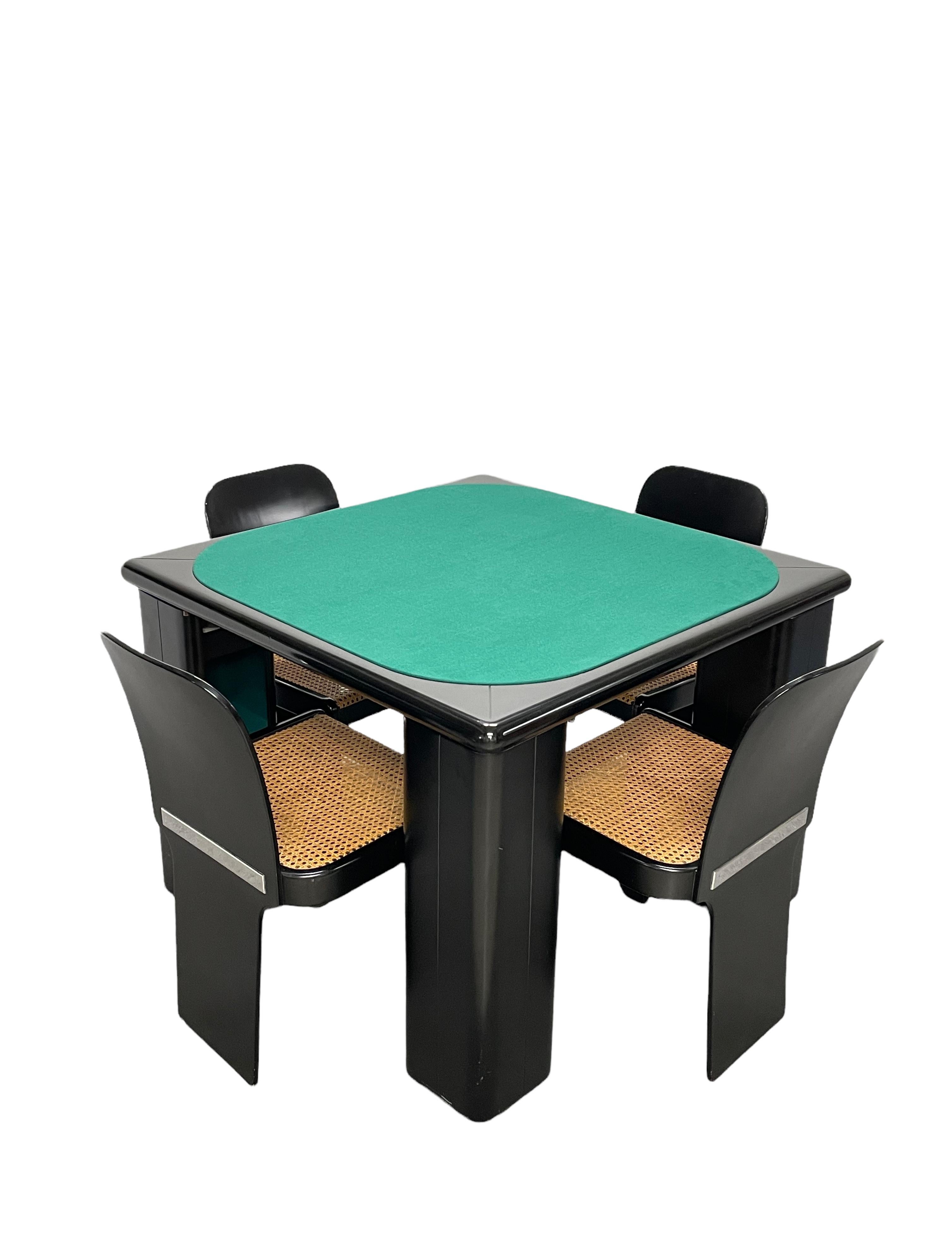 Molinari Black Lacquered Wood Game Table and Chairs for Pozzi Milano Italy 1970s 2
