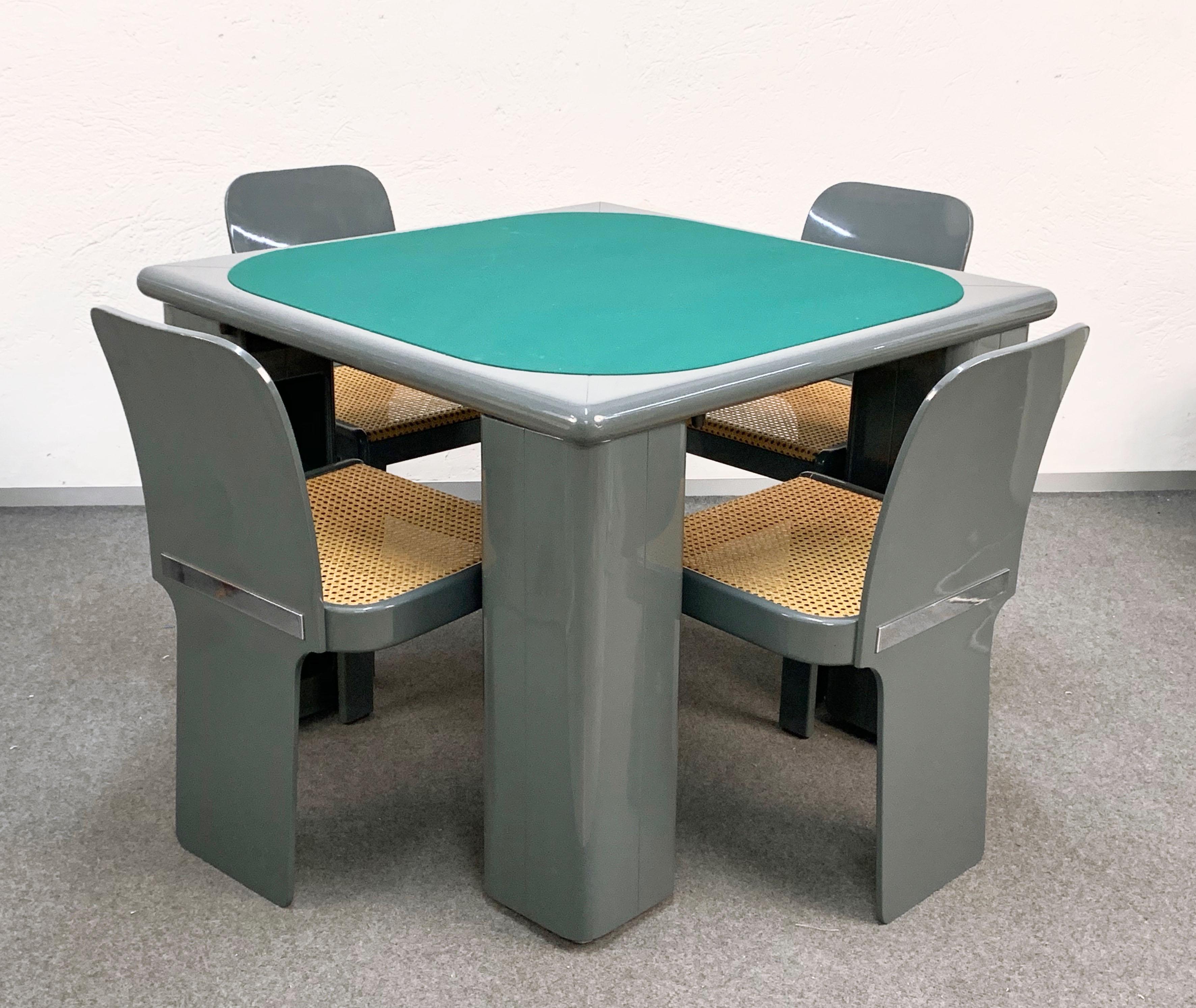 Mid-Century Modern Molinari Gray Lacquered Wood Game Table and Chairs for Pozzi Milano, Italy 1970s