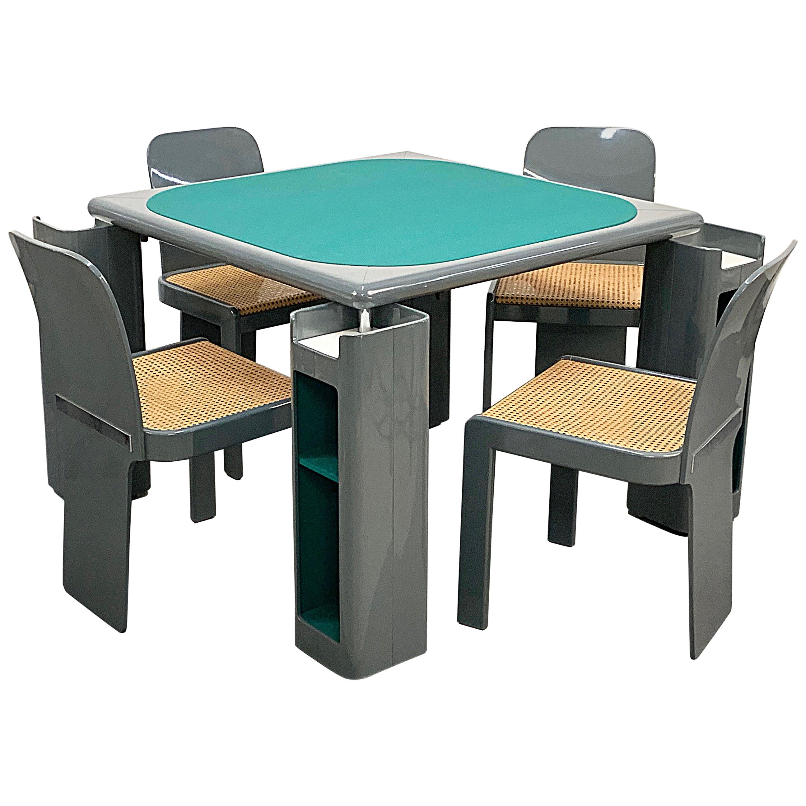 Molinari Gray Lacquered Wood Game Table and Chairs for Pozzi Milano, Italy 1970s