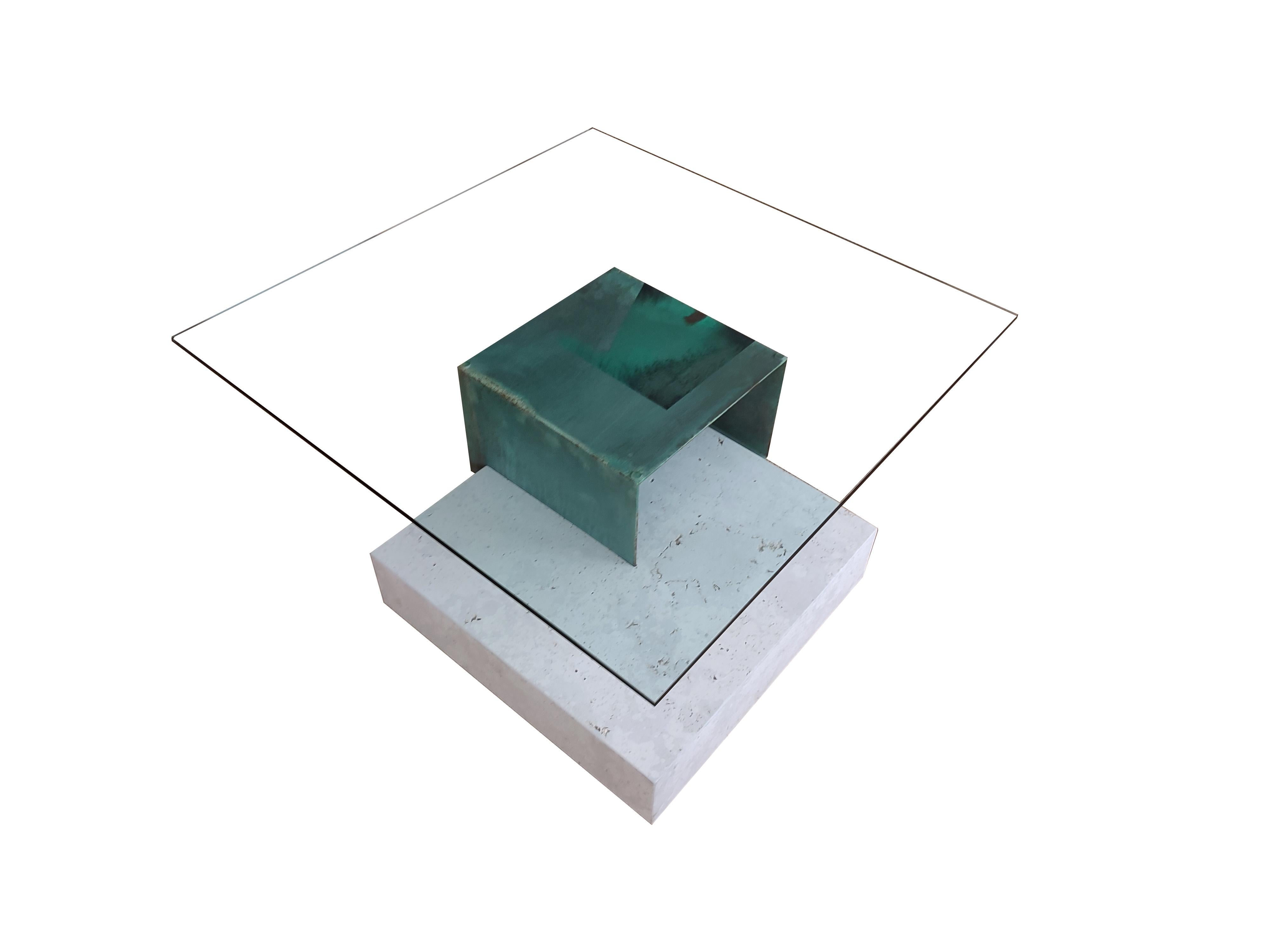 Espagnol Moll Campaspero Table basse en pierre calcaire et métal oxydé cuivre Exclusive Design en vente