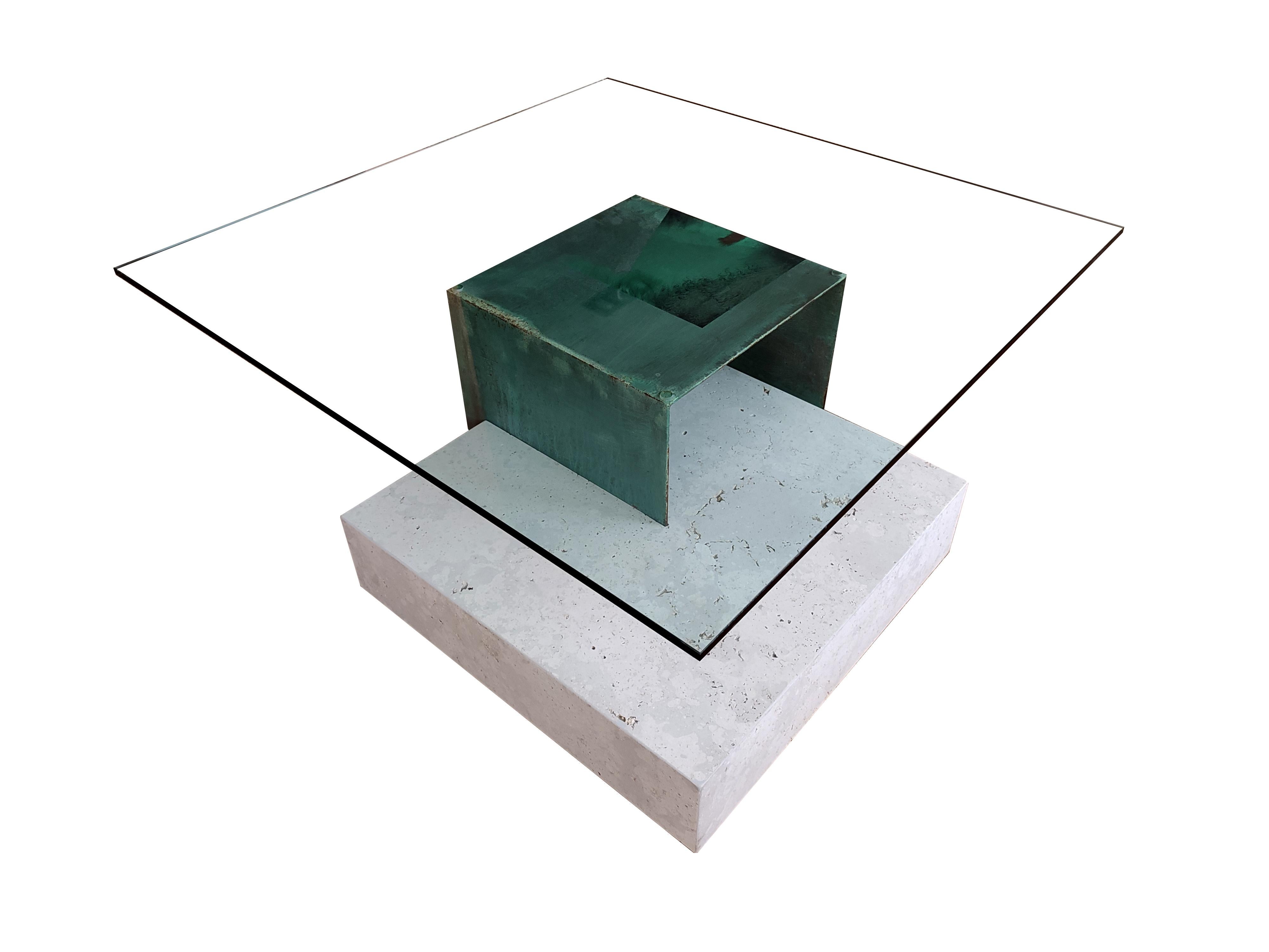 Fait main Moll Campaspero Table basse en pierre calcaire et métal oxydé cuivre Exclusive Design en vente