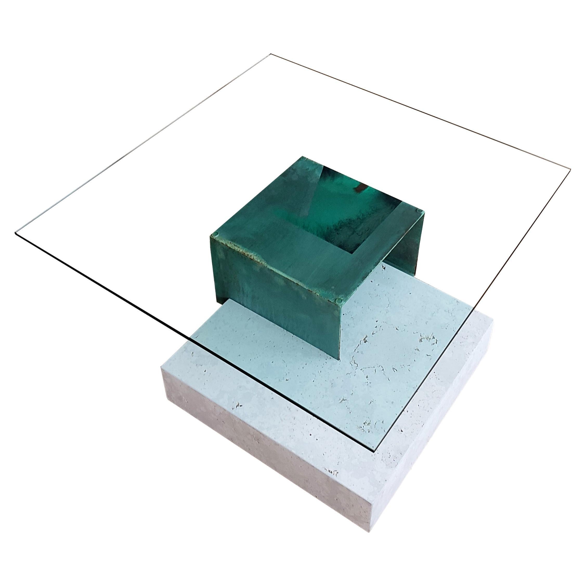 Mesa baja de piedra caliza y metal oxidado de cobre Moll Campaspero Exclusive Design