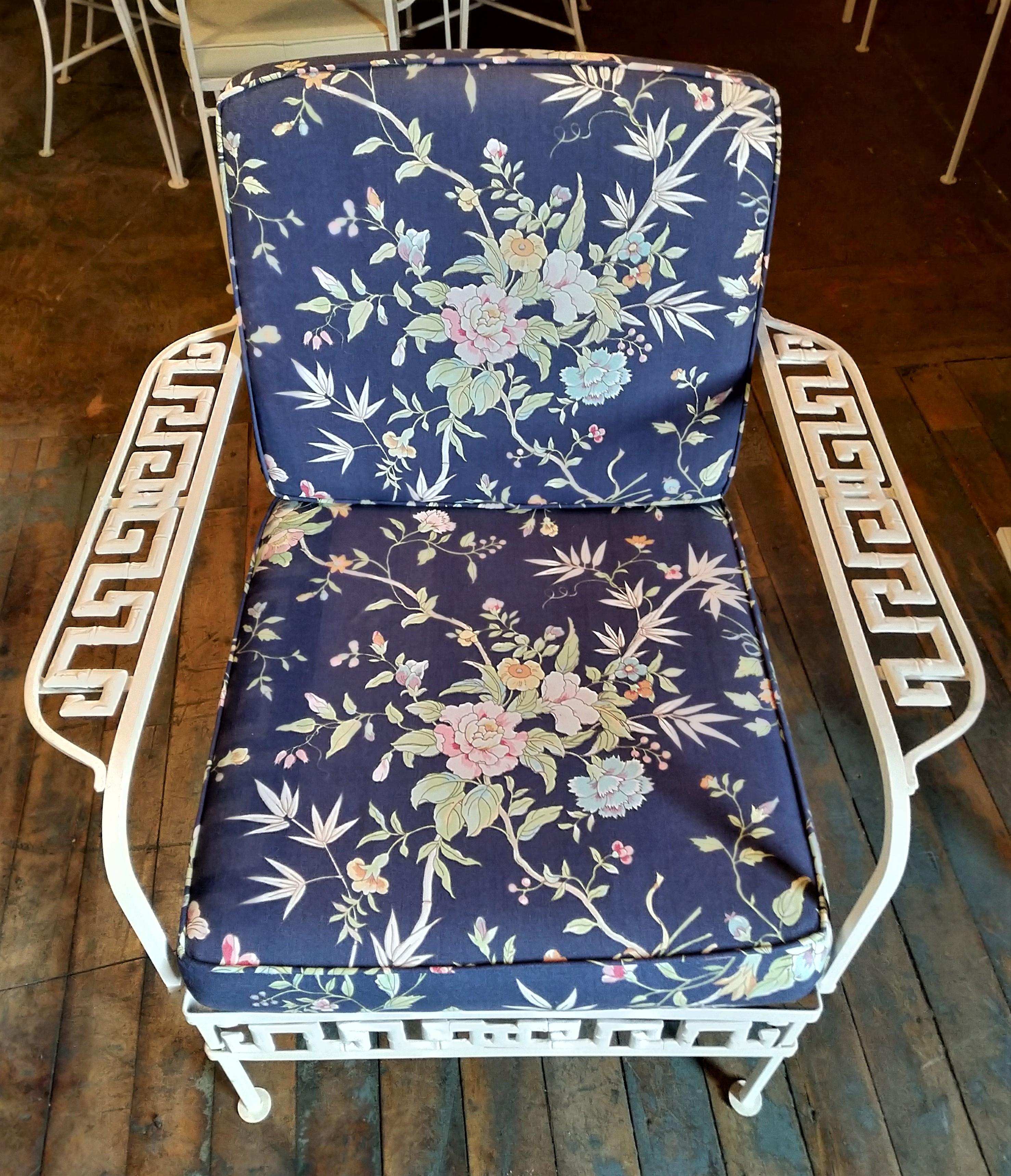 Vintage 1960's Molla cast aluminum armchairs & ottoman with greek key pattern
Dimensions of stationary chair: 29 1/2