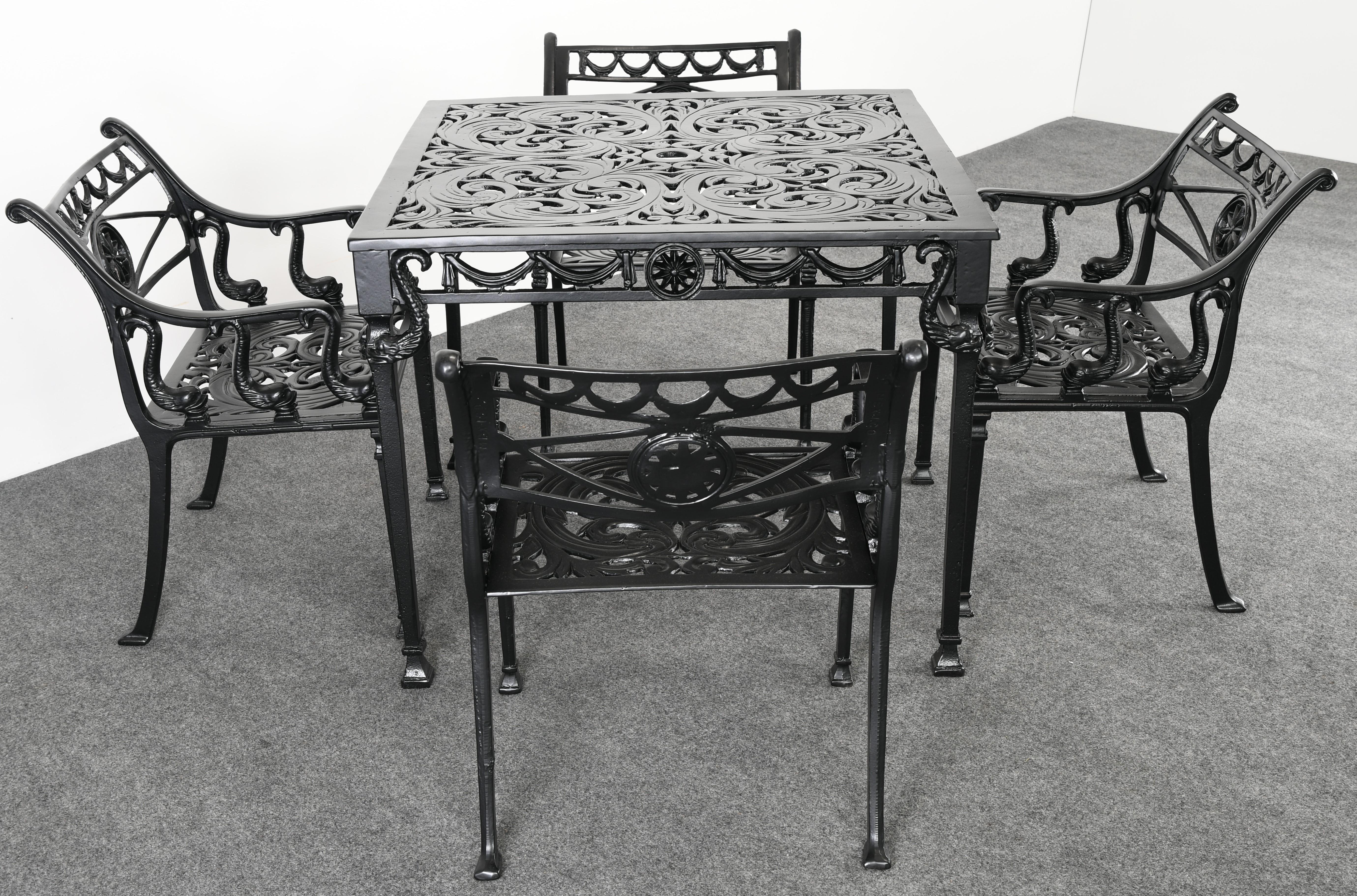 A newly powder-coated cast aluminum set of Molla Patio Furniture. Structurally sound and in excellent condition. There are other uncoated sets available that are in their original patina.

Table dimensions: 28.25