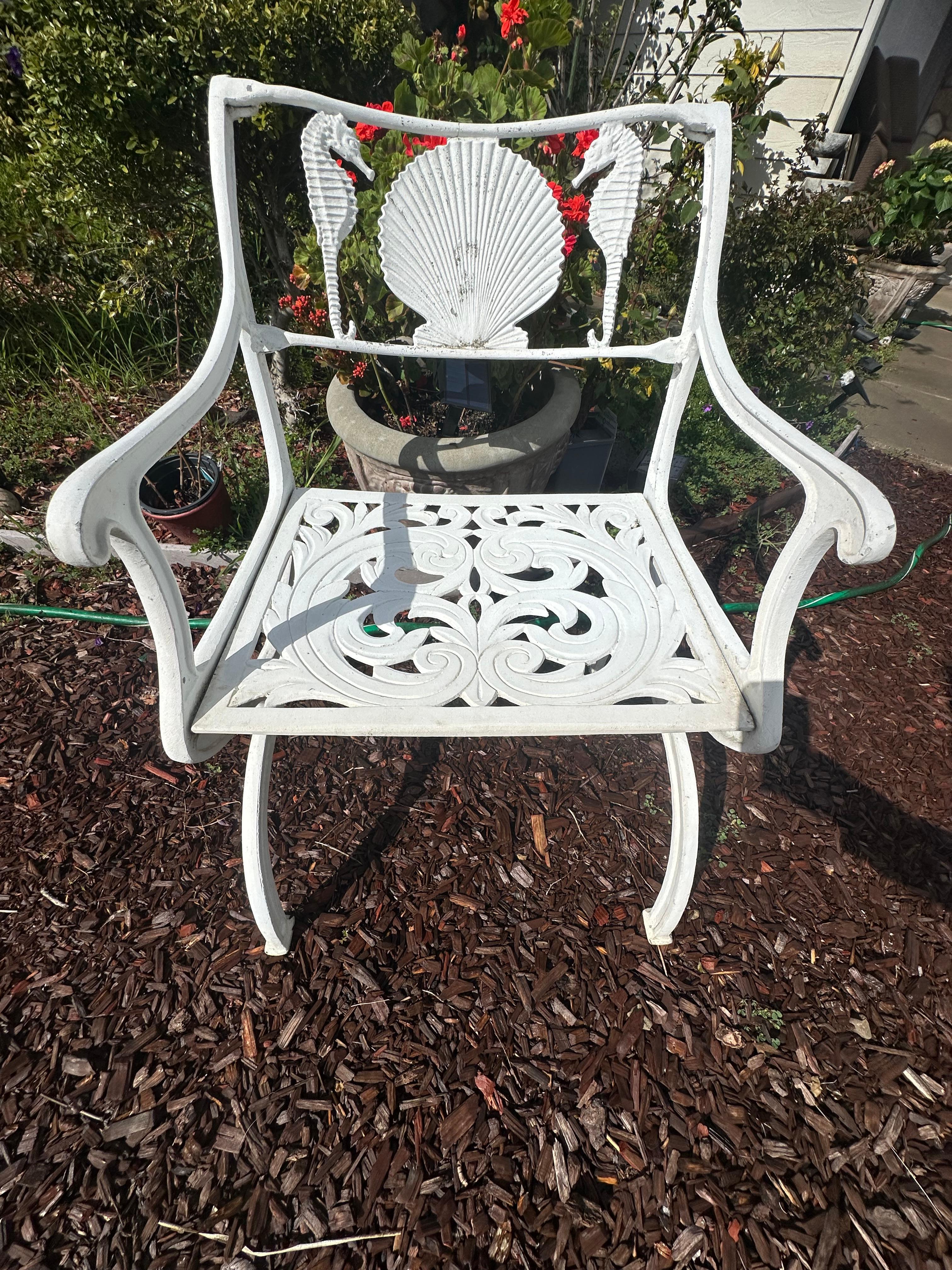 Molla premium aluminum outdoor patio furniture, seahorse and seashell motif In Good Condition For Sale In San Jose, CA