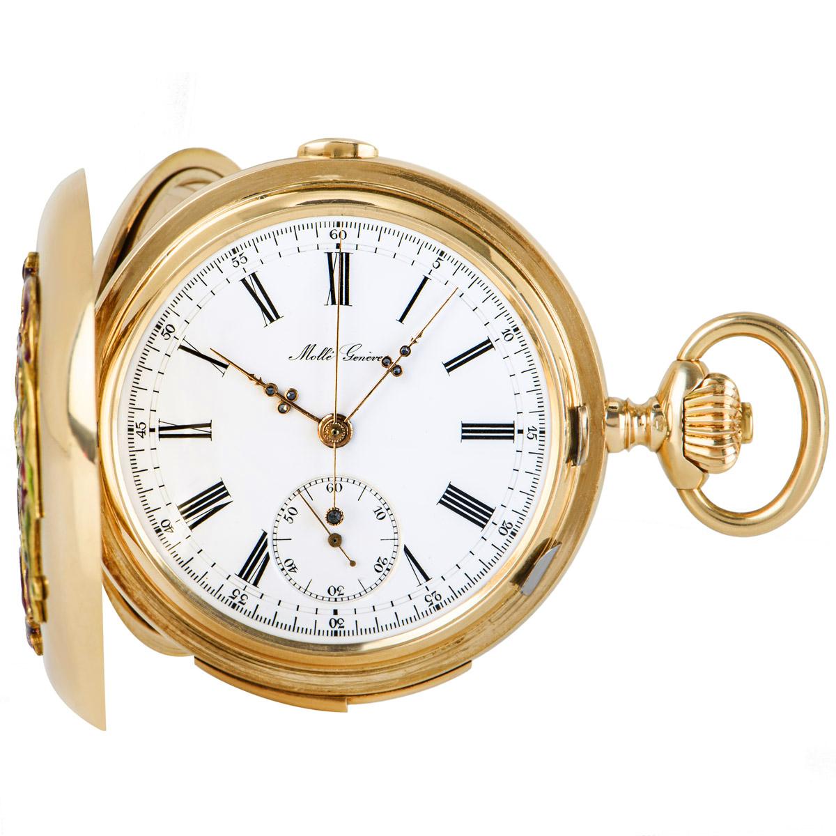 MOLLE Genève 14ct rose gold heavy full hunter quarter repeater chronograph enameled pocket watch, C1890. Made for the Russian Market.

Dial: The perfect white Roman numeral enamel dial with outer Arabic minute track signed MOLLE Genève. The original