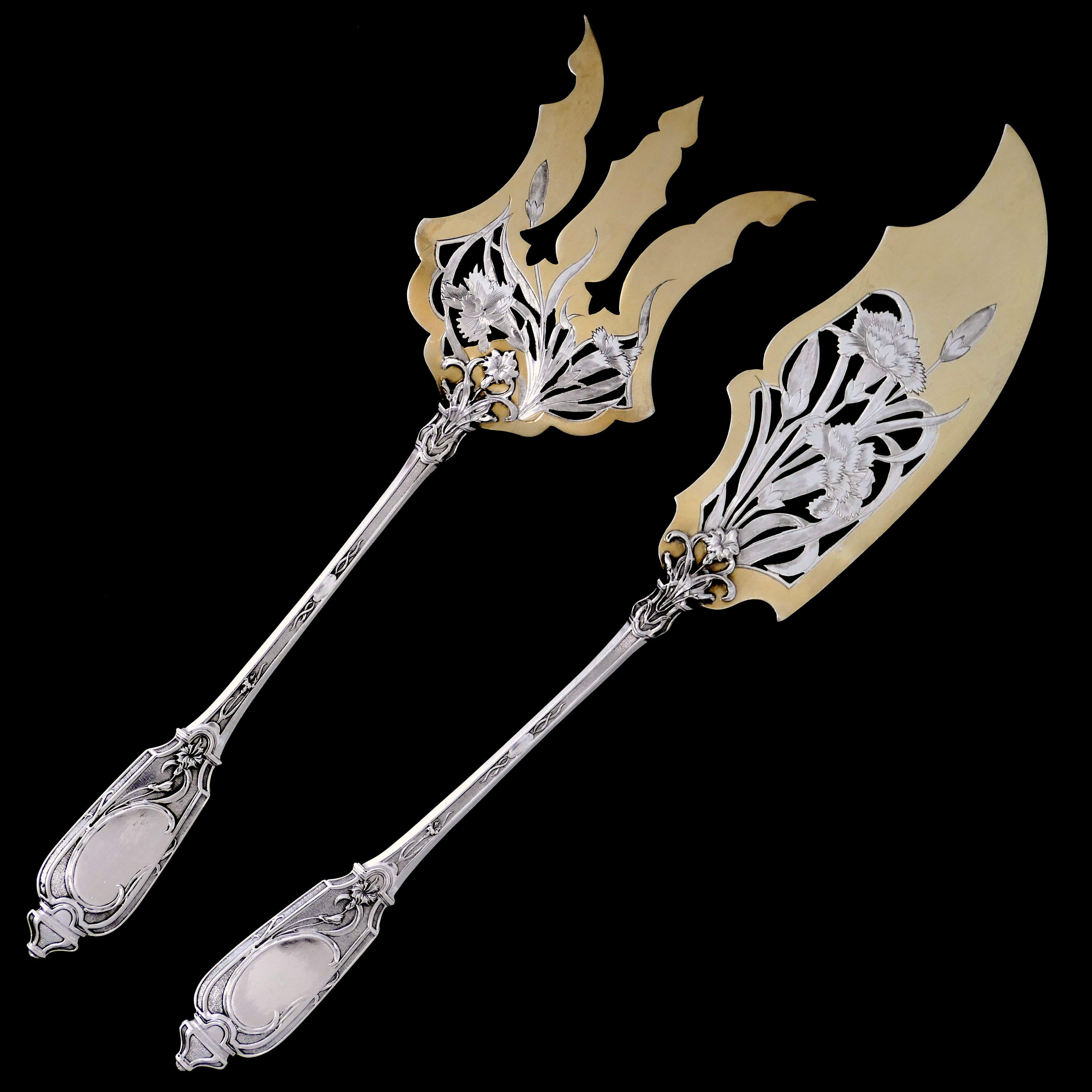 Molle Rare French Sterling Silver 18K Gold Fish Servers Two-Piece Art Nouveau In Excellent Condition In TRIAIZE, PAYS DE LOIRE