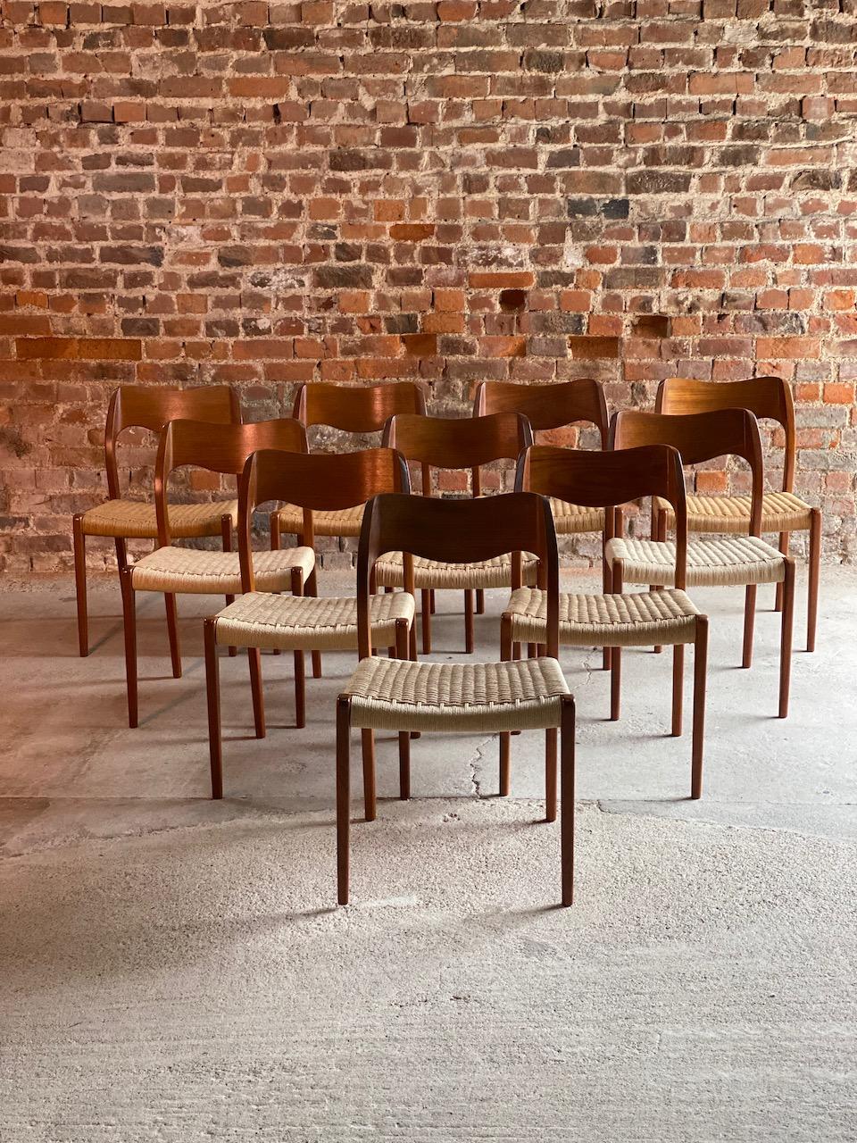 Moller model 71 dining chairs set of 10 in teak and paper cord, 1960s, set of 3

Fabulous set of ten model 71 chairs by Danish designer Niels Otto Møller circa 1960, and manufactured by JL Møllers Møbelfabrik chairs featuring frames made of solid