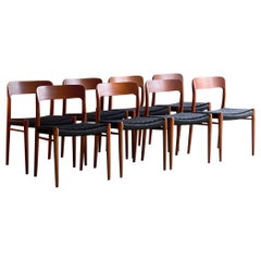 Moller Model 75 Dining Chairs Set of Eight in Teak and Black Paper Cord, 1970