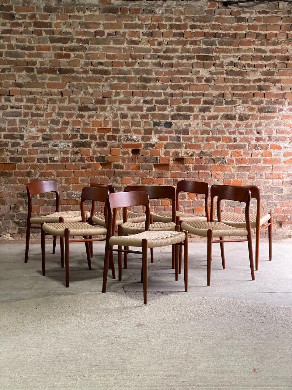 Niels Moller Model 75 teak and paper cord dining chairs set of eight, Denmark, 1970.

Magnificent set of Eight Niels Otto Møller Model 75 teak and paper Cord dining chairs manufactured by J.L. Møllers Møbelfabrik Denmark, circa 1970, the solid