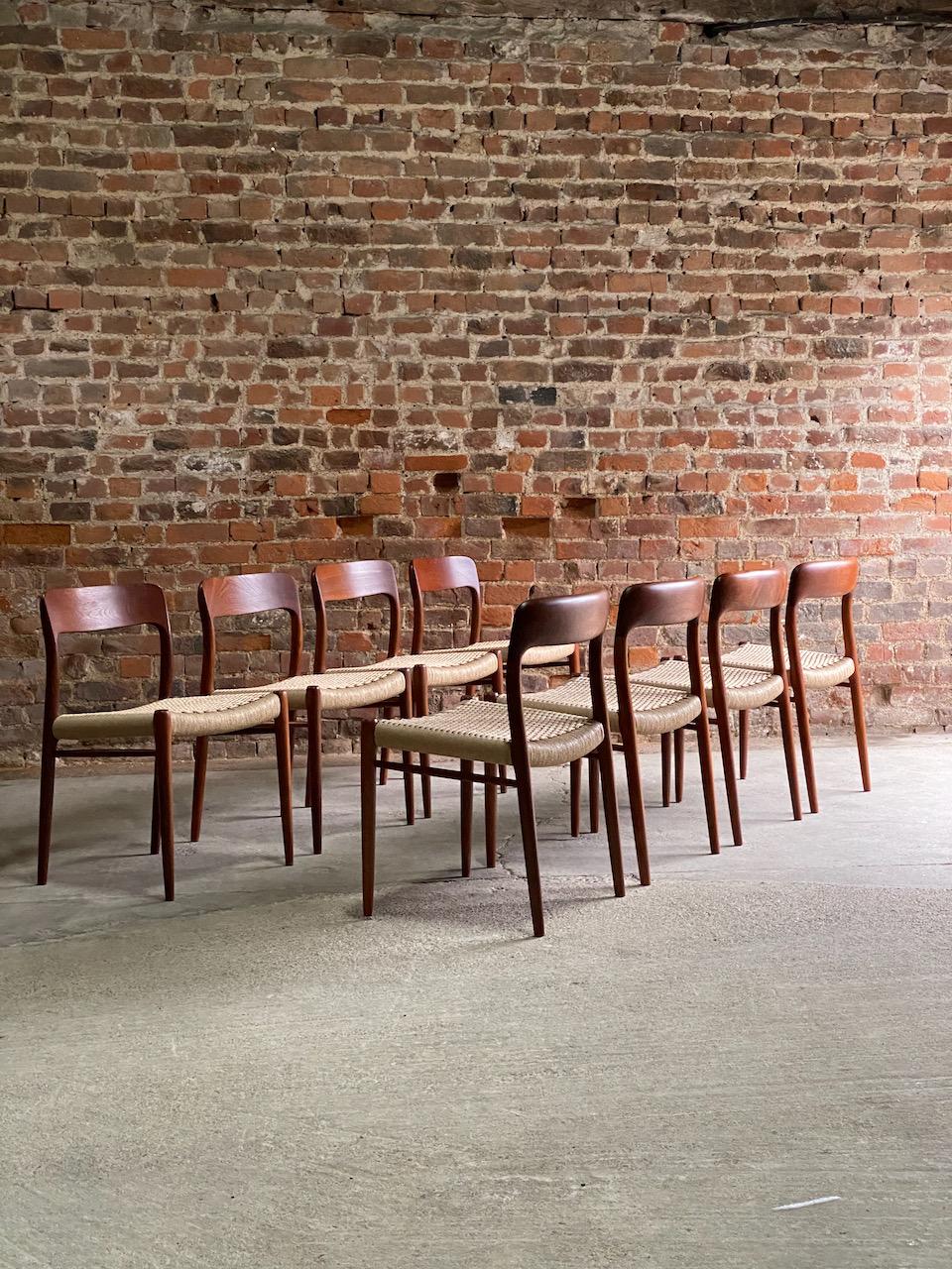 Niels Moller Model 75 teak and paper cord dining chairs set of eight, Denmark, 1970.

Magnificent set of eight Niels Otto Møller Model 75 teak and paper cord dining chairs manufactured by J.L. Møllers Møbelfabrik Denmark, circa 1970, the solid