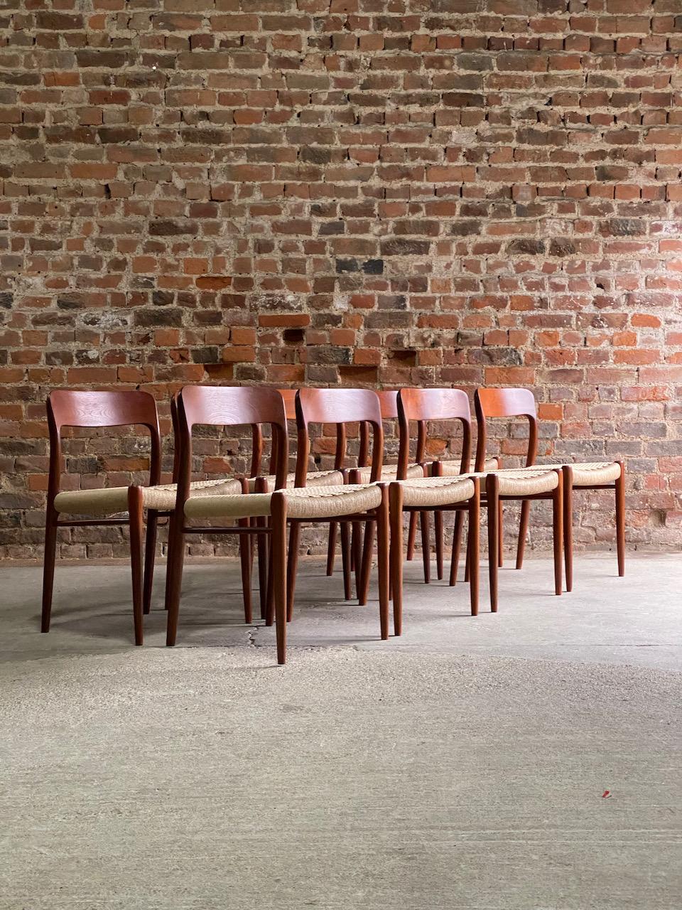 Danish Moller Model 75 Dining Chairs Set of Eight in Teak and Paper Cord, 1970