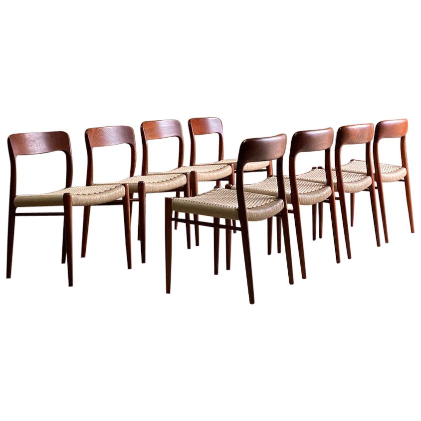 Moller Model 75 Dining Chairs Set of Eight in Teak and Paper Cord, 1970