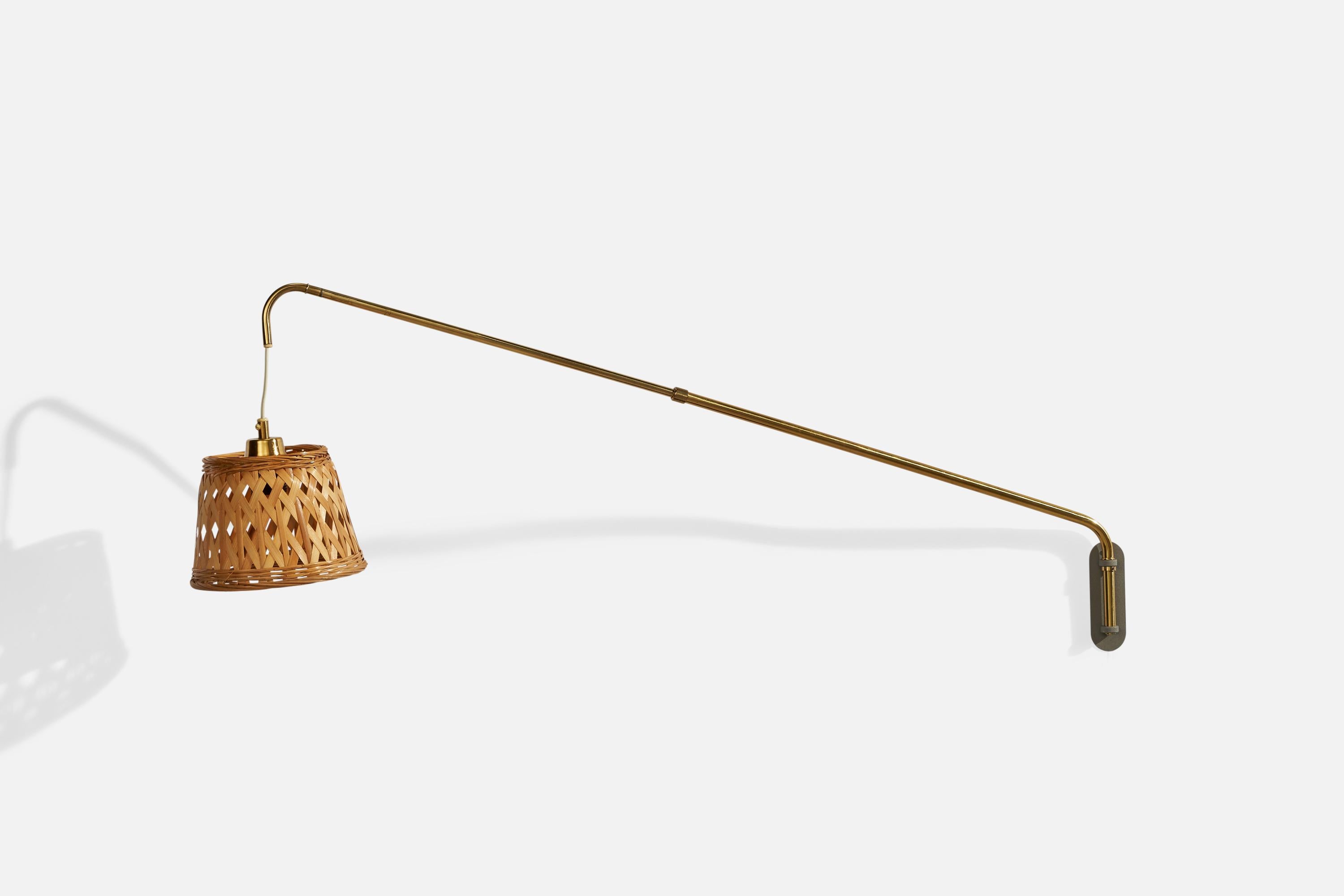 Swedish Möllers Armatur Elektriska, Wall Light, Brass, Rattan, Sweden, 1940s For Sale