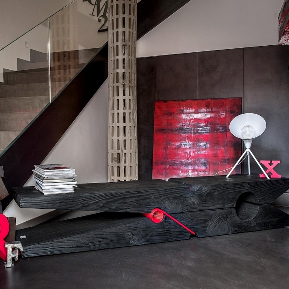 Moderno Panchina Vulcano nera con molla in ferro rosso, Made in Italy in vendita