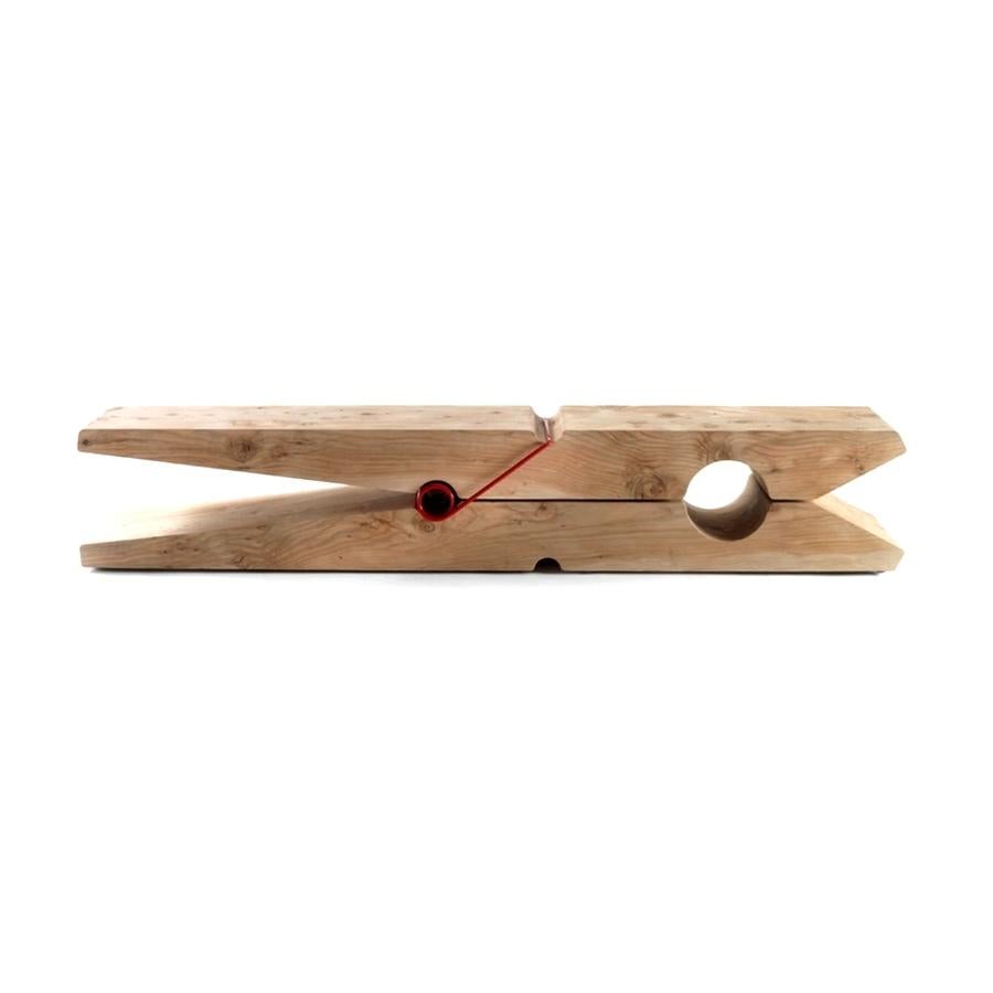 Modern Clothespin 94 Inches Cedar Bench with Red Iron spring, Made in Italy For Sale