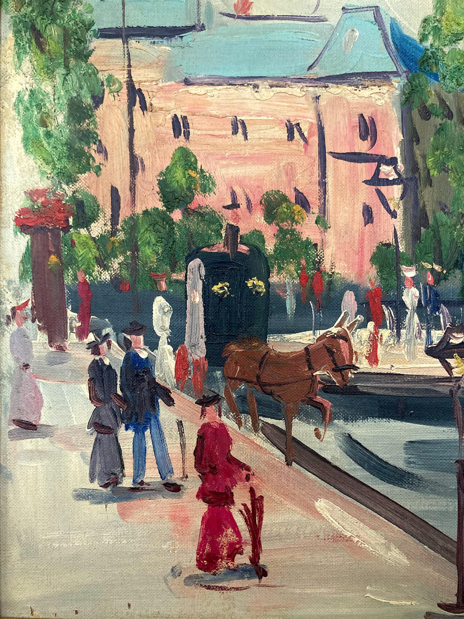 A vibrant and colorful Parisian city scene by Australian Mollie Flaxman. Captured in a very impressionist manner 'The Bastille' which was a fortress in Paris, known formally as the Bastille Saint-Antoine. With delightful details like a horse and