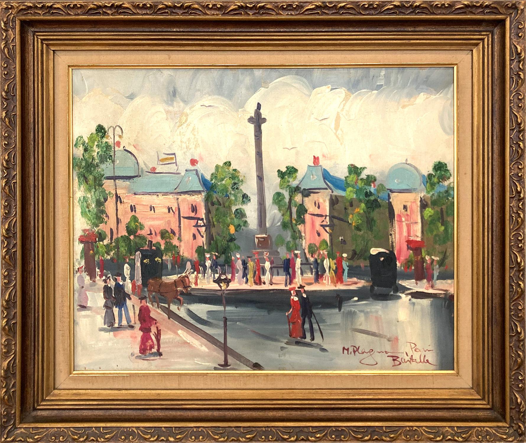 Mollie Flaxman Figurative Painting - "Bastille Paris" Oil on Canvas Parisian Street Scene & Figures Framed Painting