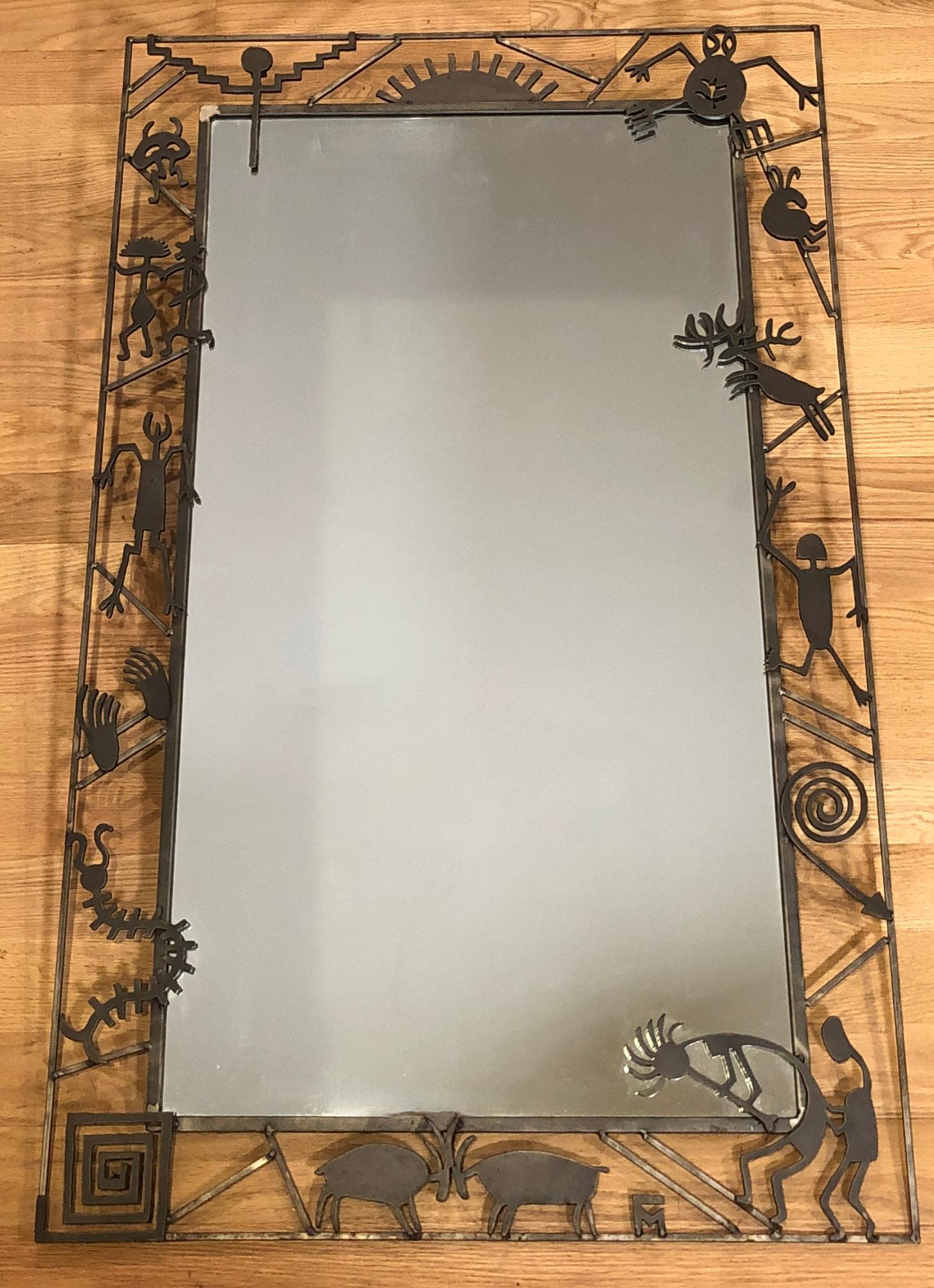 Modern Signed Unusual Figural Iron Framed Mirror By Mollie Massie For Sale