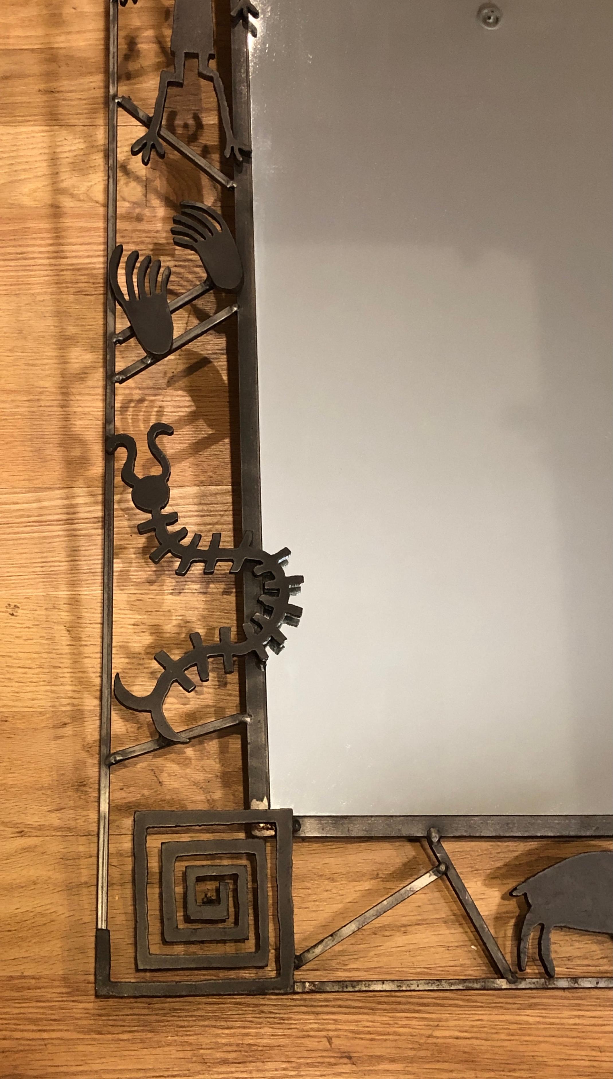 Signed Unusual Figural Iron Framed Mirror By Mollie Massie In Good Condition For Sale In Norwood, NJ