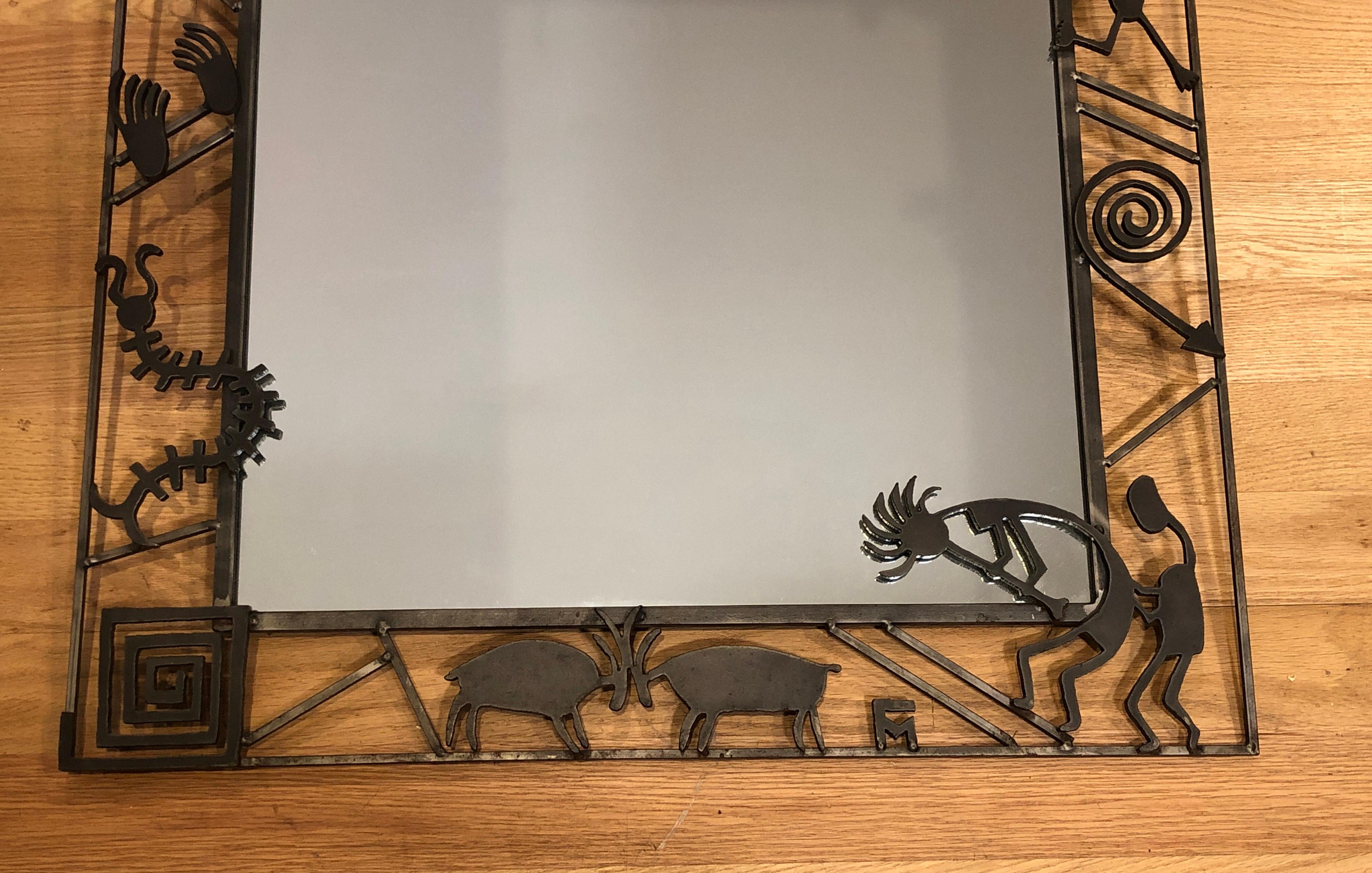 Late 20th Century Signed Unusual Figural Iron Framed Mirror By Mollie Massie For Sale