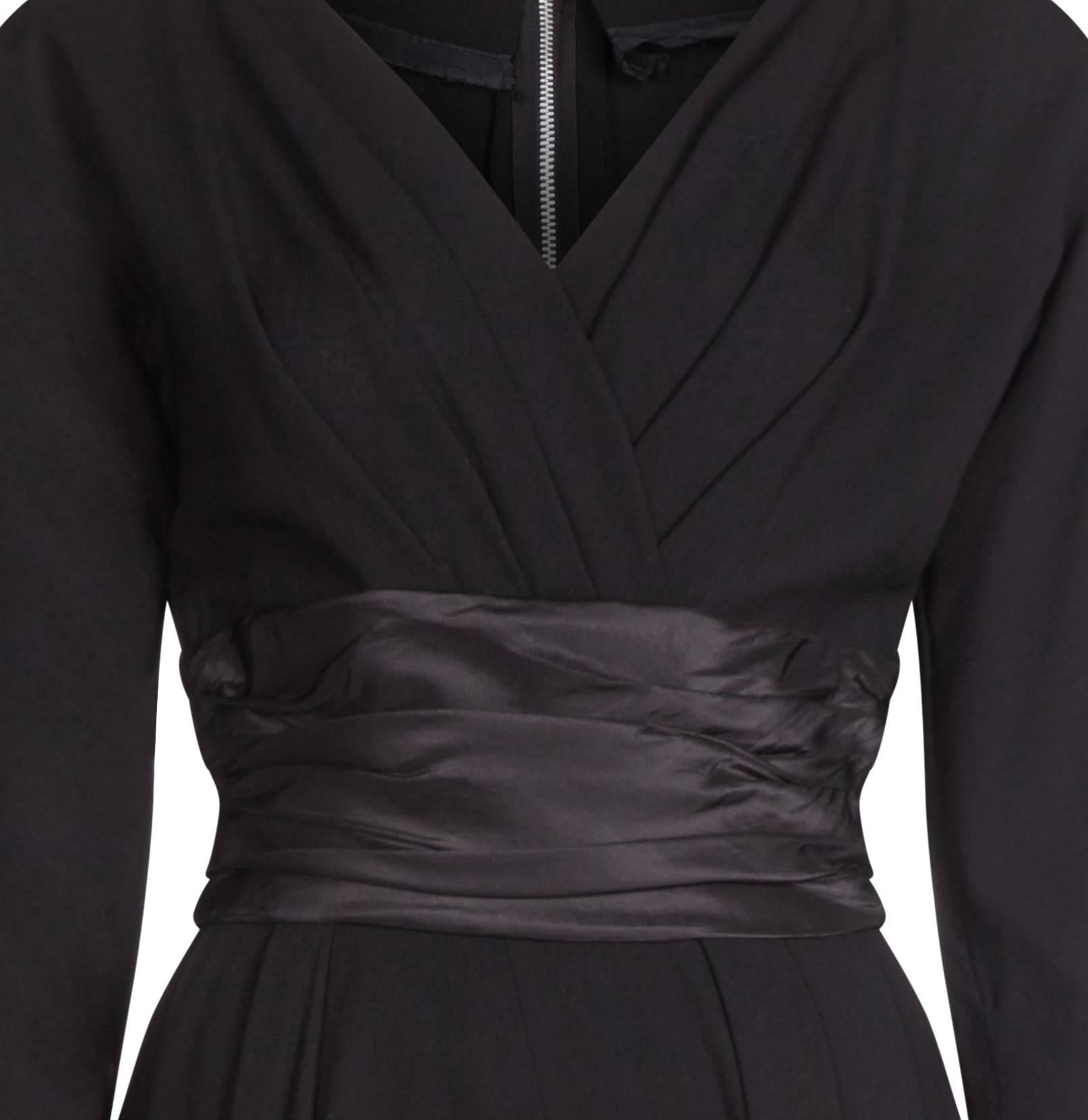 Mollie Parnis 1950s Black Dress with Pleated Ribbon Inserts In Excellent Condition For Sale In London, GB