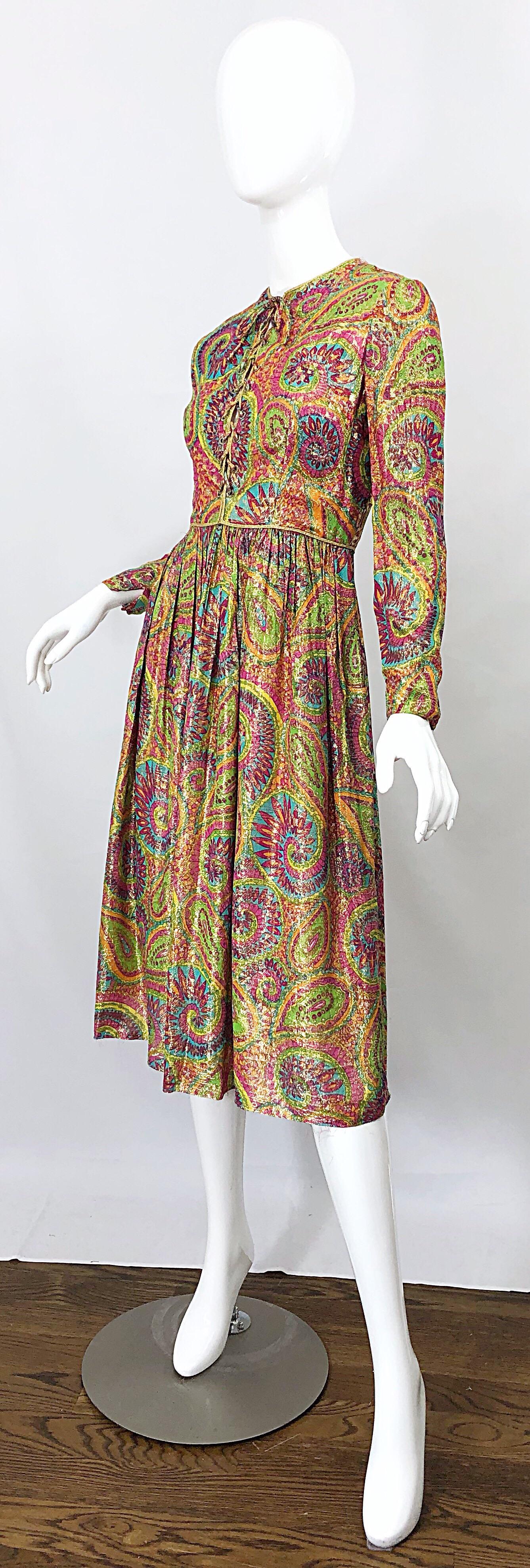 Mollie Parnis 1960s Silk Metallic Paisley Print Rhinestone Vintage 60s Dress For Sale 2