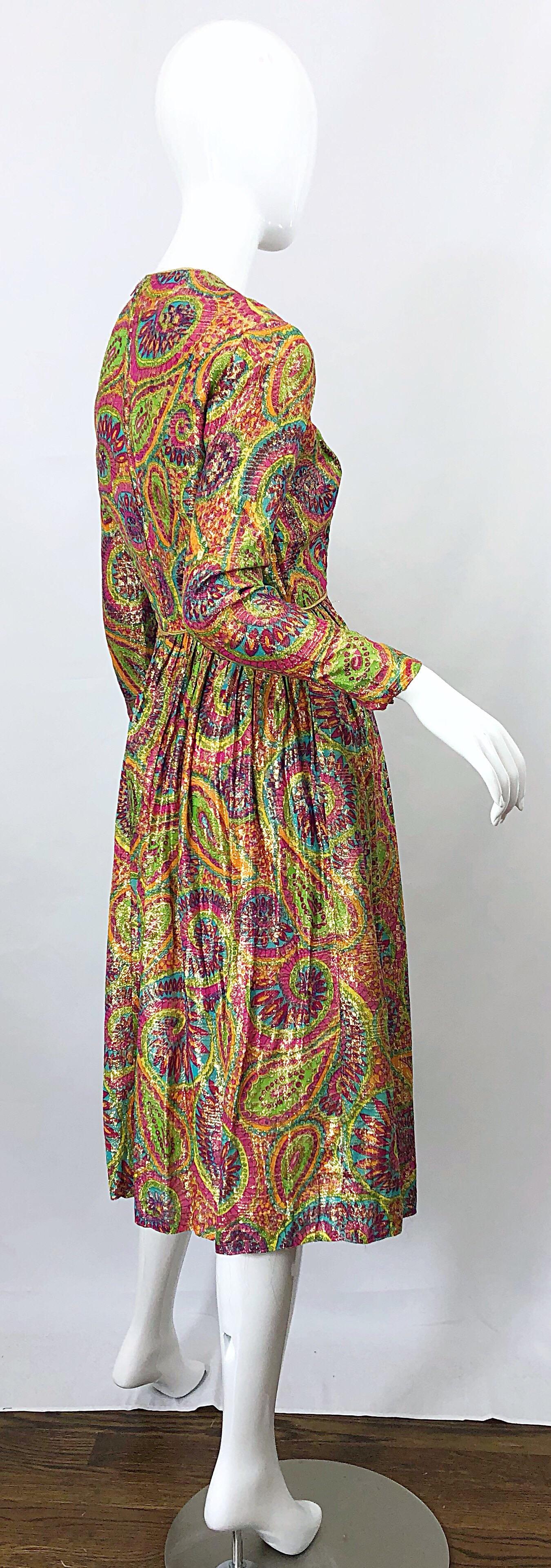 Mollie Parnis 1960s Silk Metallic Paisley Print Rhinestone Vintage 60s Dress For Sale 3