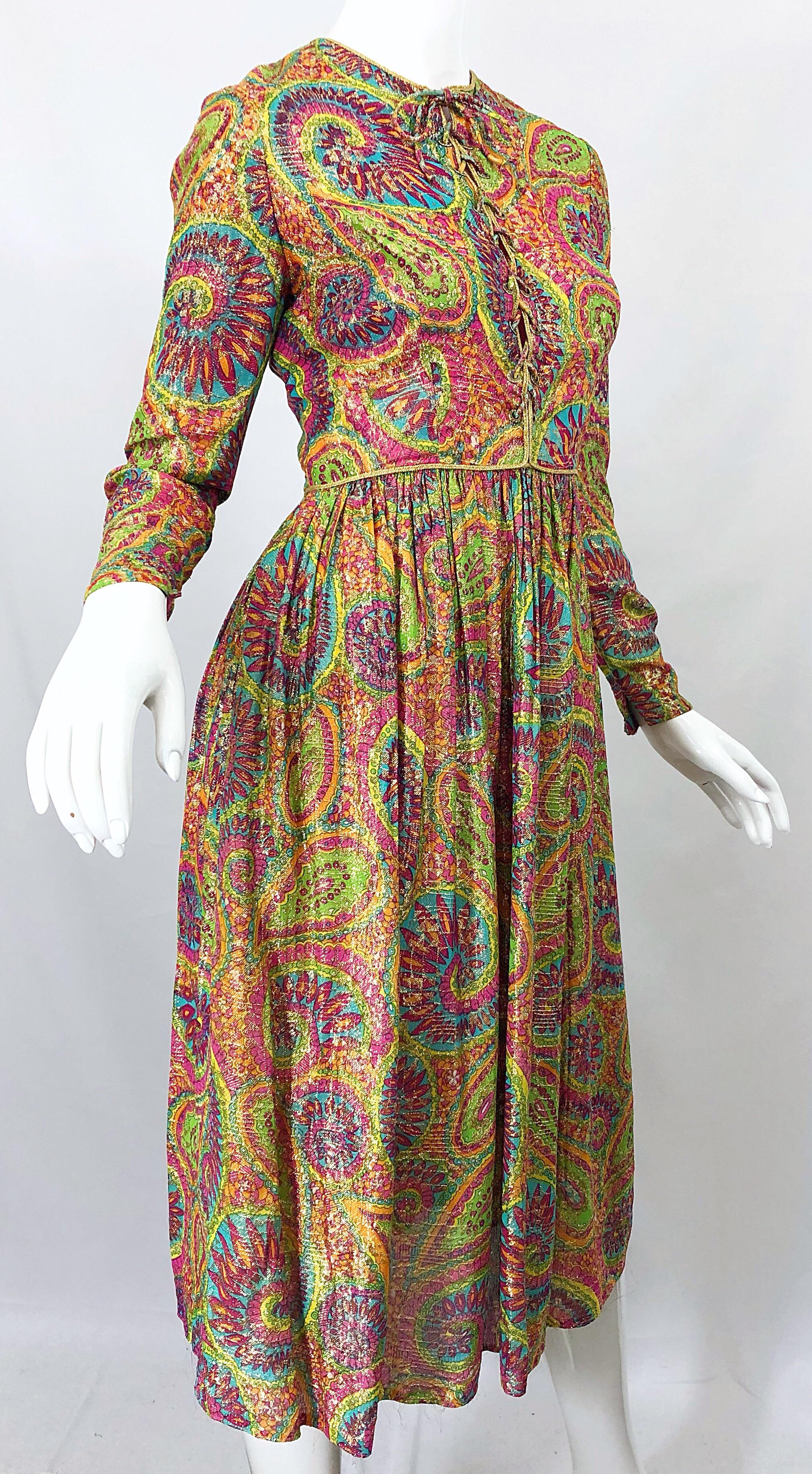 Mollie Parnis 1960s Silk Metallic Paisley Print Rhinestone Vintage 60s Dress For Sale 4