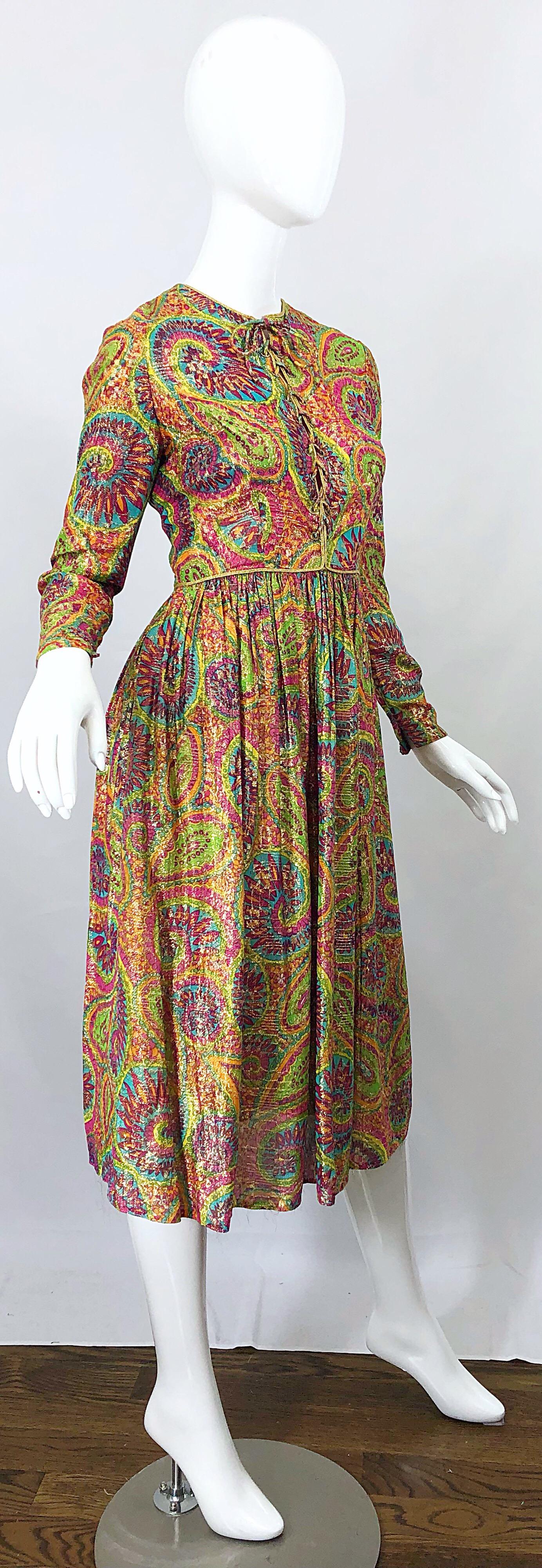 Mollie Parnis 1960s Silk Metallic Paisley Print Rhinestone Vintage 60s Dress For Sale 5