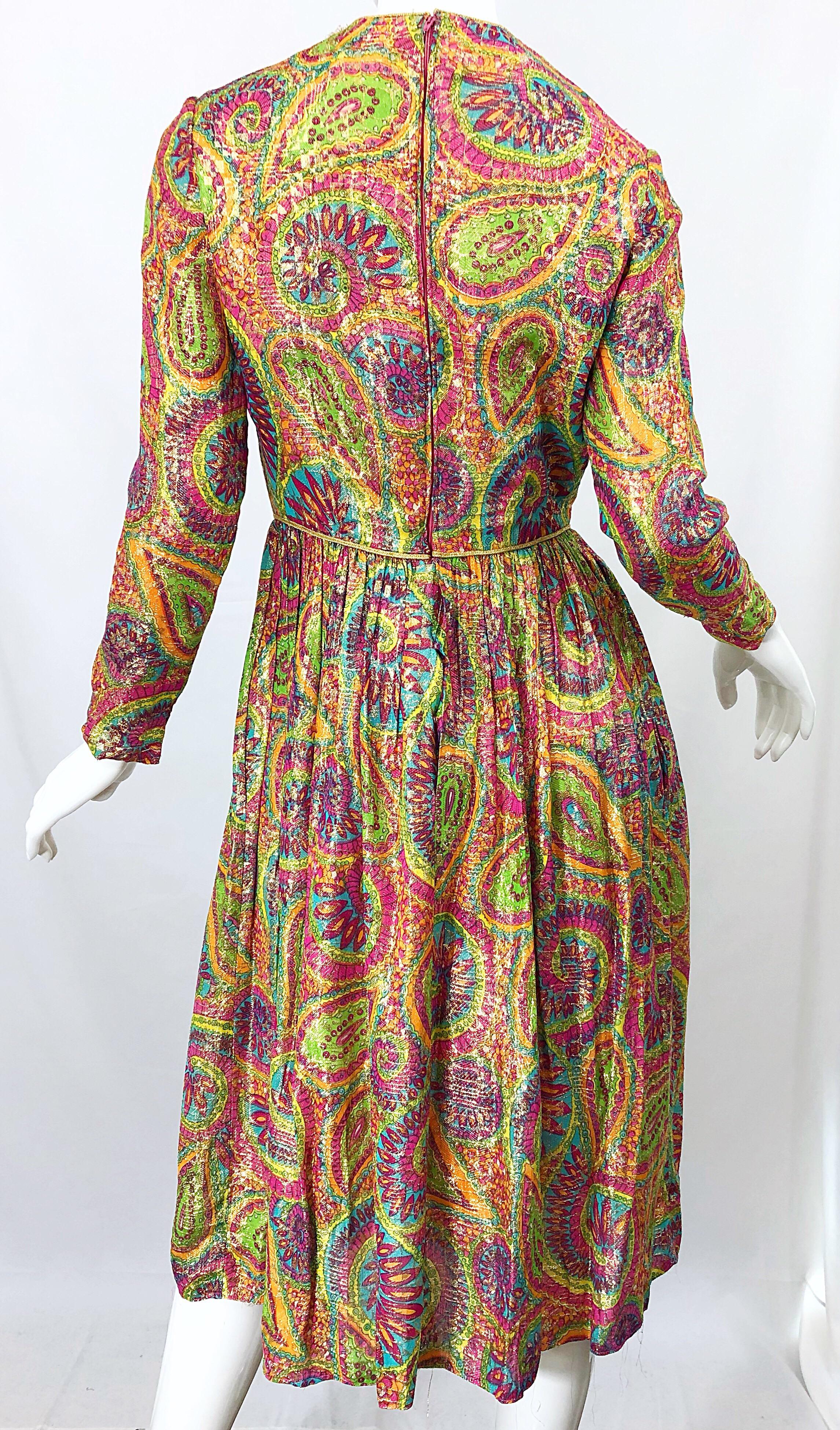 Mollie Parnis 1960s Silk Metallic Paisley Print Rhinestone Vintage 60s Dress For Sale 6
