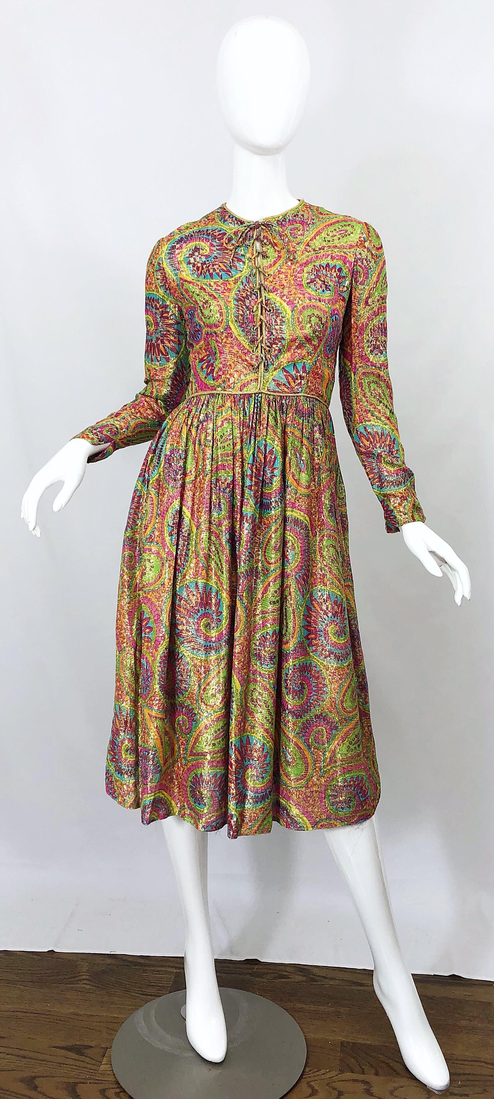 Mollie Parnis 1960s Silk Metallic Paisley Print Rhinestone Vintage 60s Dress For Sale 7