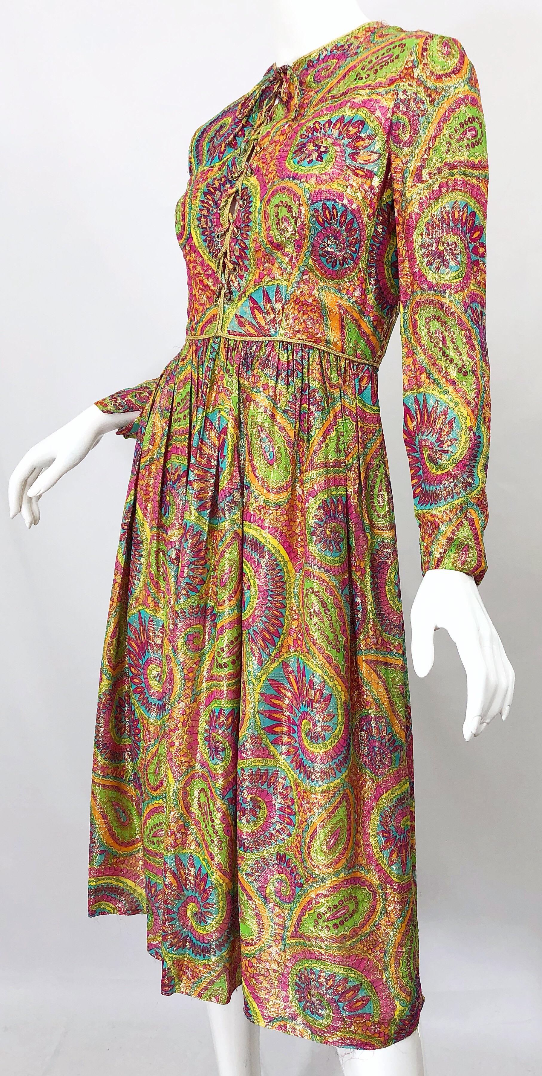 Brown Mollie Parnis 1960s Silk Metallic Paisley Print Rhinestone Vintage 60s Dress For Sale